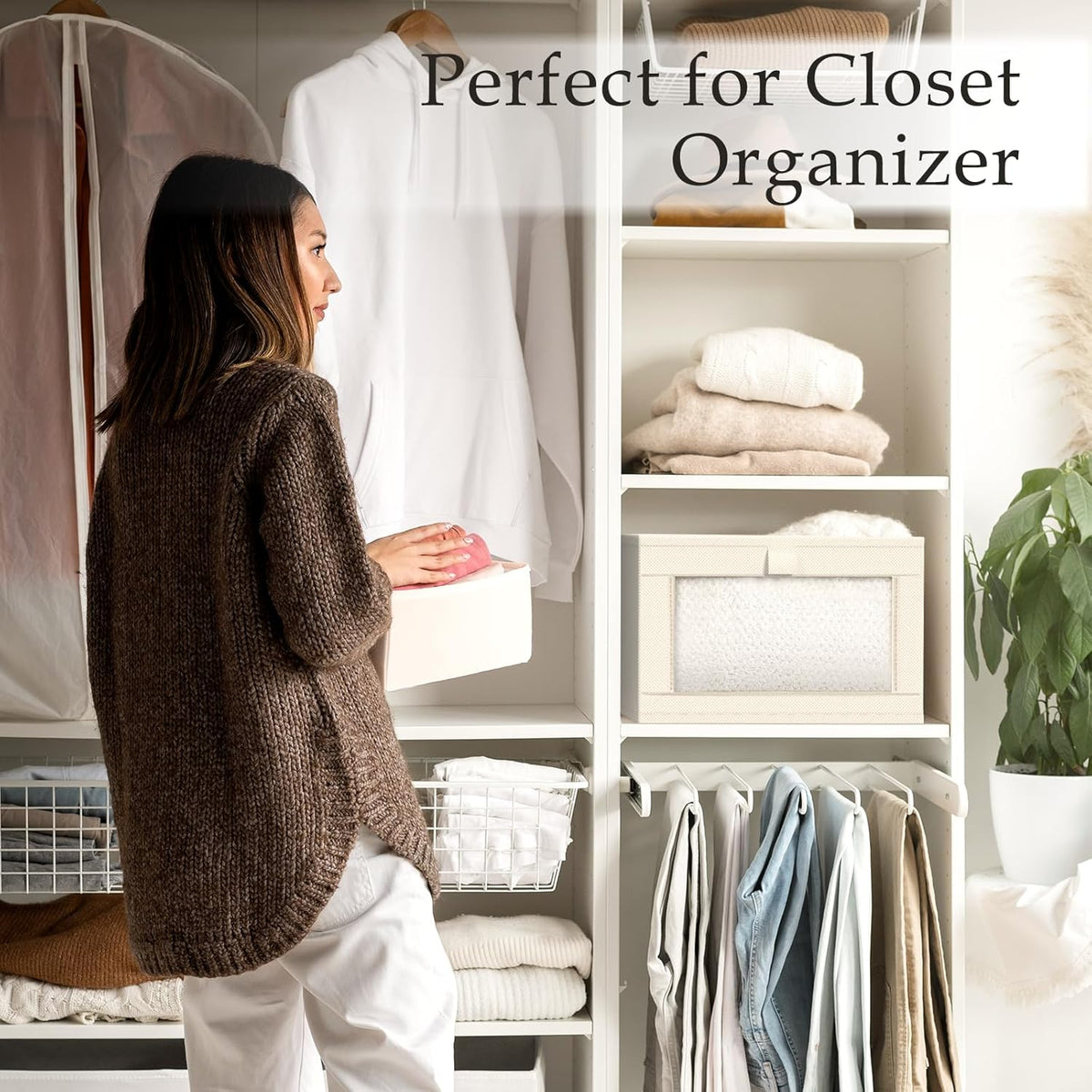 Criusia 6 Pack Linen Closet Organizers and Storage, Large Linen Closet Baskets for Organization, Foldable Storage Containers for Clothing, Towels, Toys, Jeans, Books, Shelves, Beige