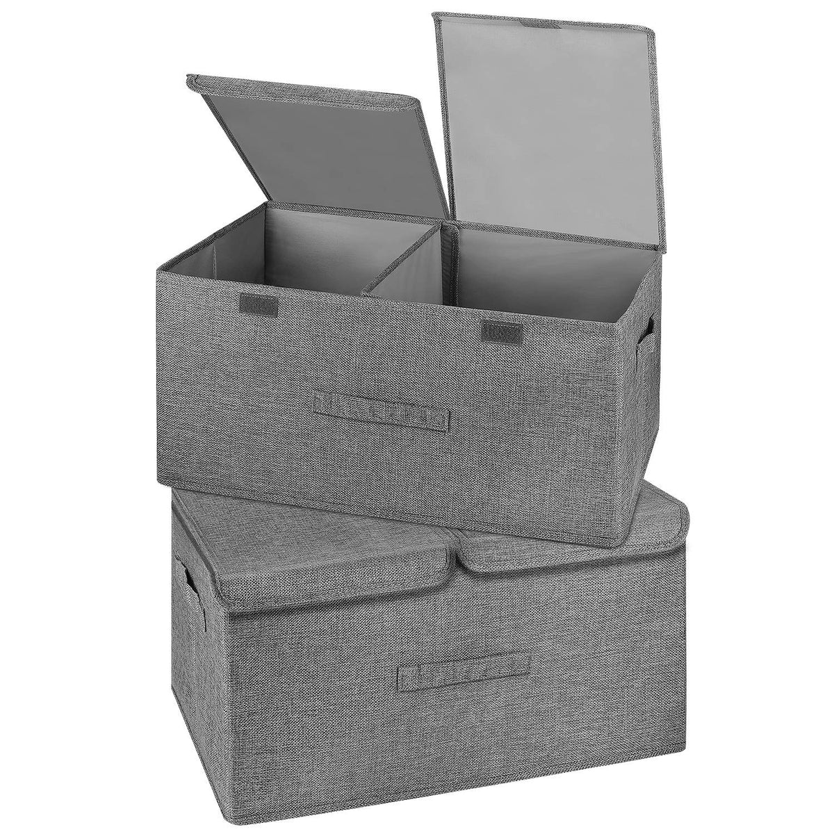 2 Pack Large Linen Fabric Collapsible Storage Bins with Lid and Handles, Washable Storage Box Baskets Cube with Removable Divider for Bedroom,Closet,Office,Living Room,Nursery (Black, Large)