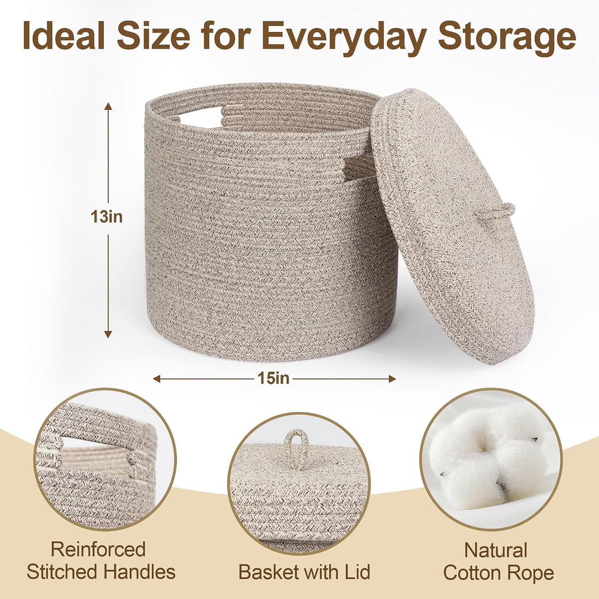 Storage Basket with Lid, Woven Blanket Storage for Living Room, Soft Cotton Rope Bin with Lid, Round Wicker Laundry Basket with Cover, Lidded Kids Dog Toy Bin, Nursery Organizer, 15" x 13"