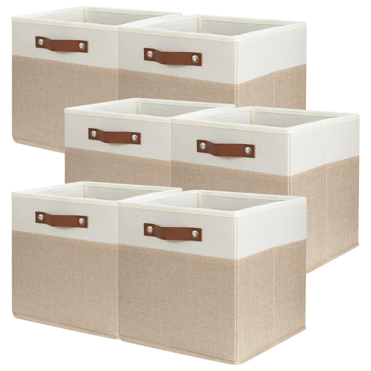 SNWDN 6 Pack Collapsible Fabric Storage Baskets with Handles (White/Beige 15''Lx10.2''Wx9''H)