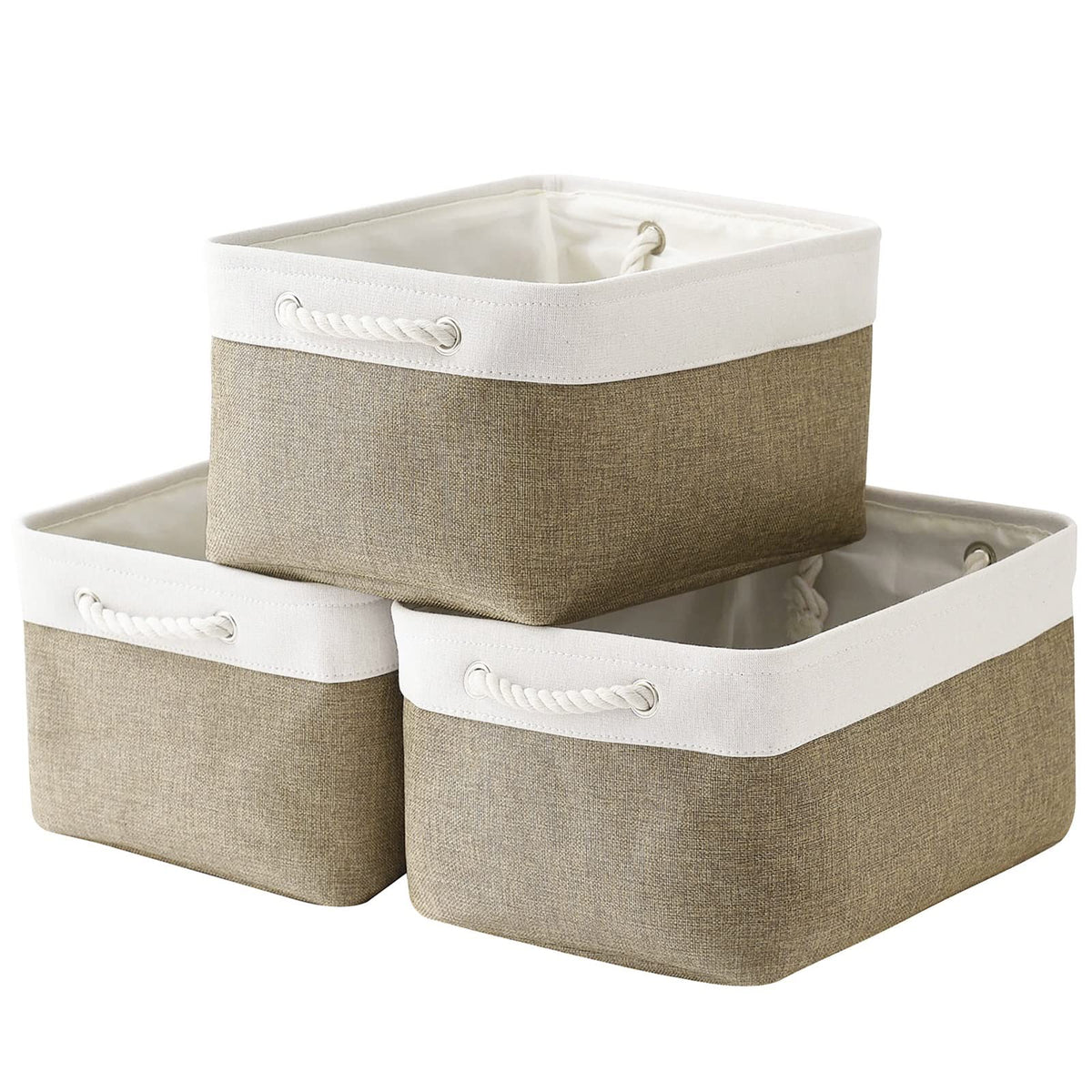 TheWarmHome Storage Basket for Organizing - Medium 3 Pack 14x10x7 inch Fabric Storage Cubes for Shelves with Rope, Collapsible Storage Bin for Organizer Closet Cloth Gift Toy (White & Jean Blue)