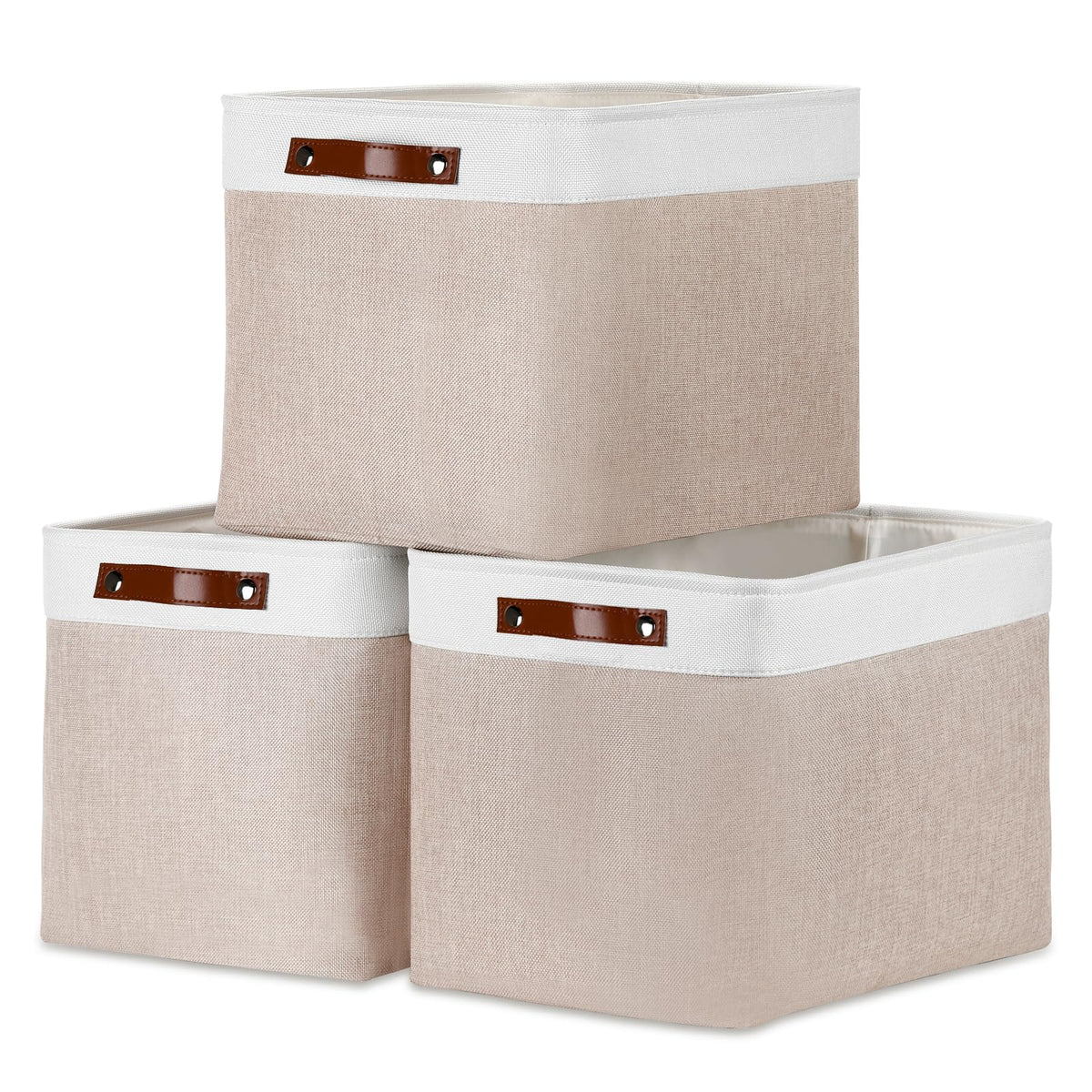 DULLEMELO Fabric Storage Bins for Laundry, Home, Foldable Storage Baskets for Shelves, Toys, Collapsible Storage Bins for Office, Closet,Bedroom(White&Khaki,L-15"x11"x9.5",4-Pack)