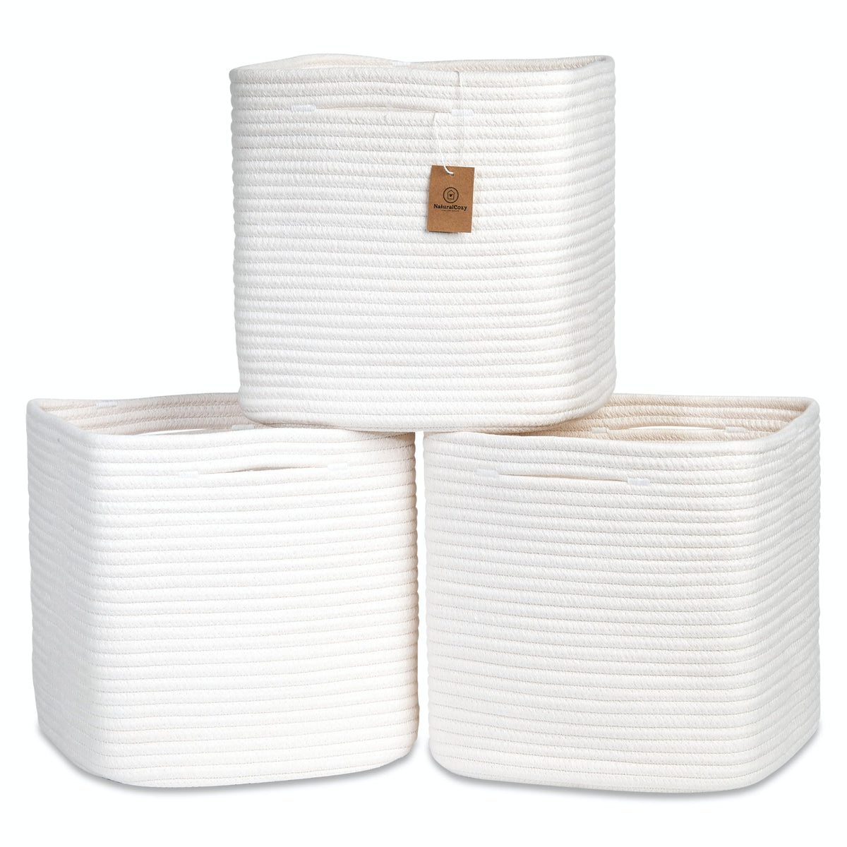 NaturalCozy 13x15x13 Kallax Storage Cubes Bins, 3 Pack | Cotton Rope Cube Storage Bin Woven Baskets for Organizing | Kallax Insert Storage Baskets for Shelves Organizer, Kids Toy, Closet Baby Nursery