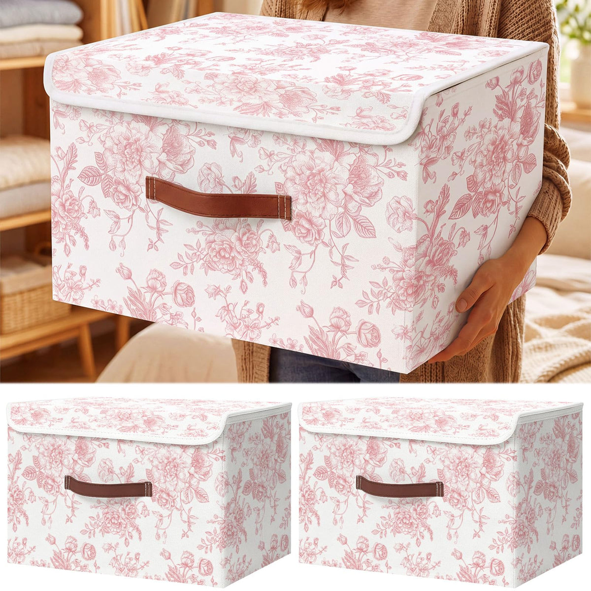 2 Pack Sage Green Floral Storage Bin with Lids, 15x10x10 Inch