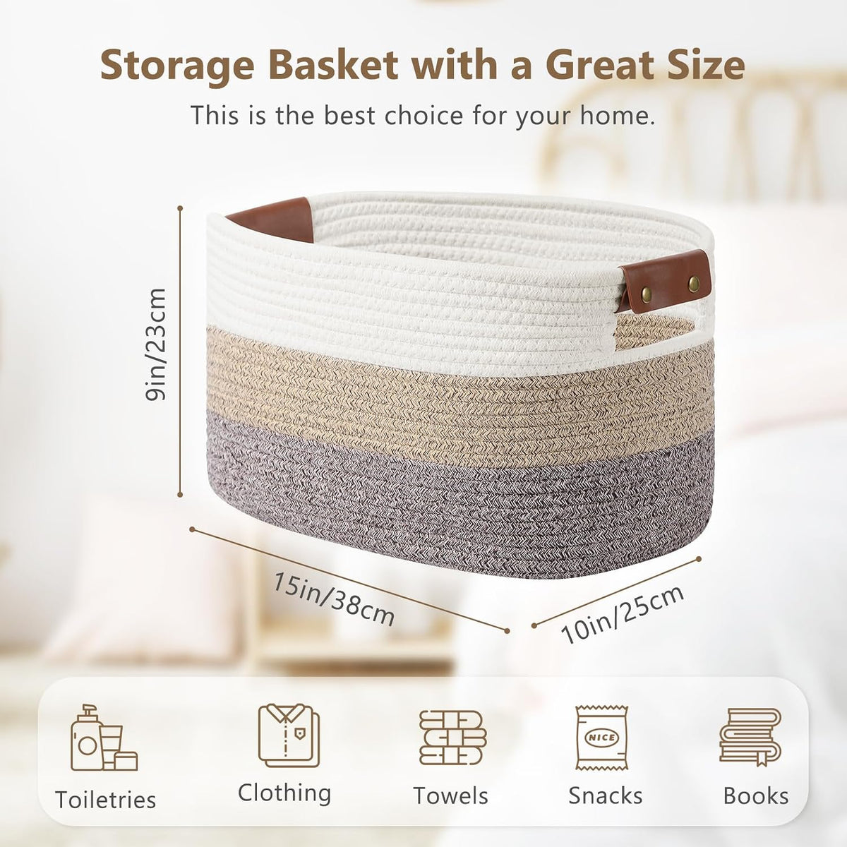 ECDYQXVU 15x10x9 Woven Cotton Rope Storage Basket, Leather Handles 1 Pack