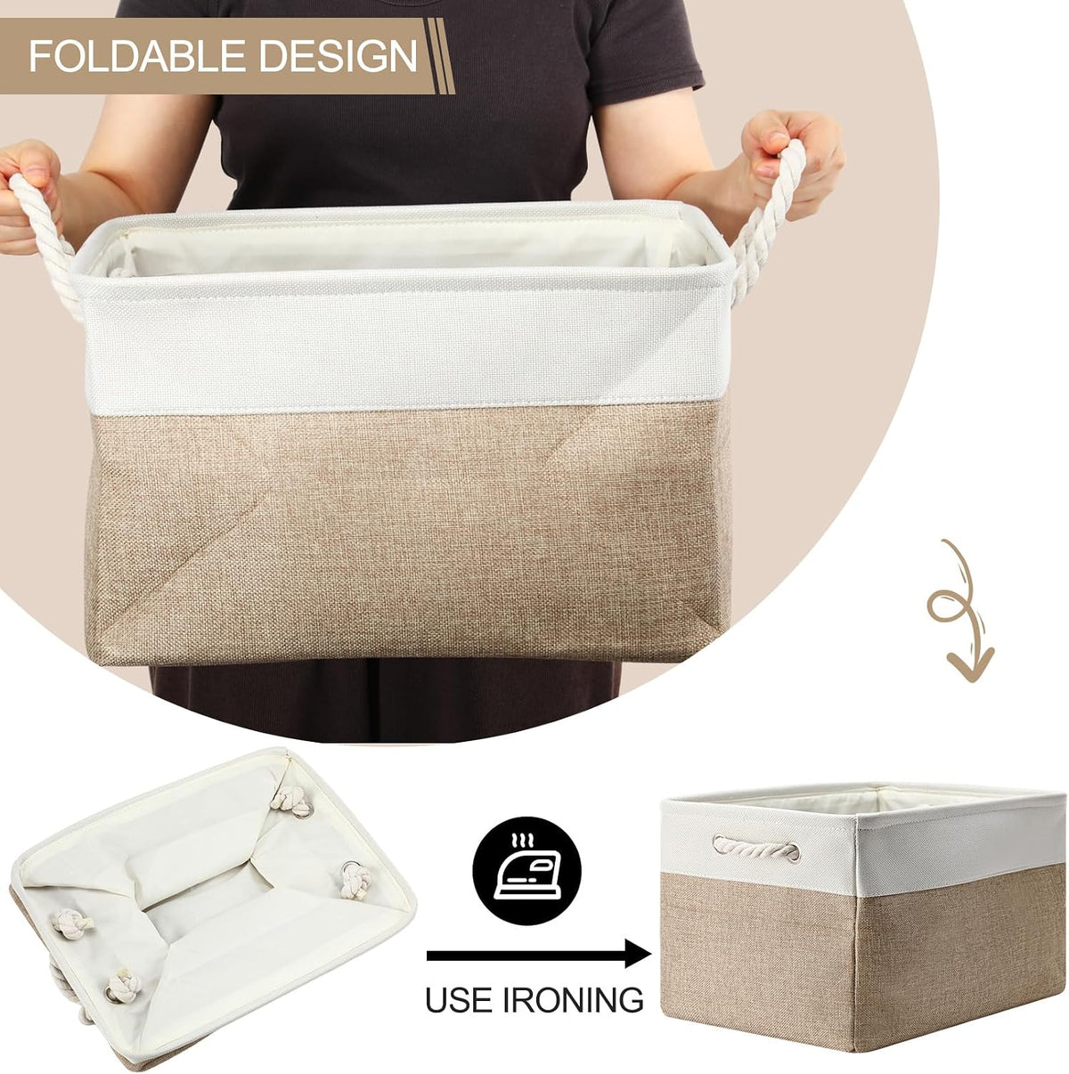 FoldTier 10 Pack Large Collapsible Fabric Storage Baskets with Handles Decorative Storage Bins for Organizing Shelves Toys Clothes(White & Beige,16 x 12 x 10 Inches)