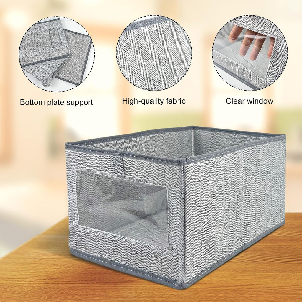 6 Pieces Linen Closet Storage Bins with Clear Window, Shelf Basket Closet Clothes Organizer Storage Containers for Organizing Shelves Wardrobe Office Clothing Books