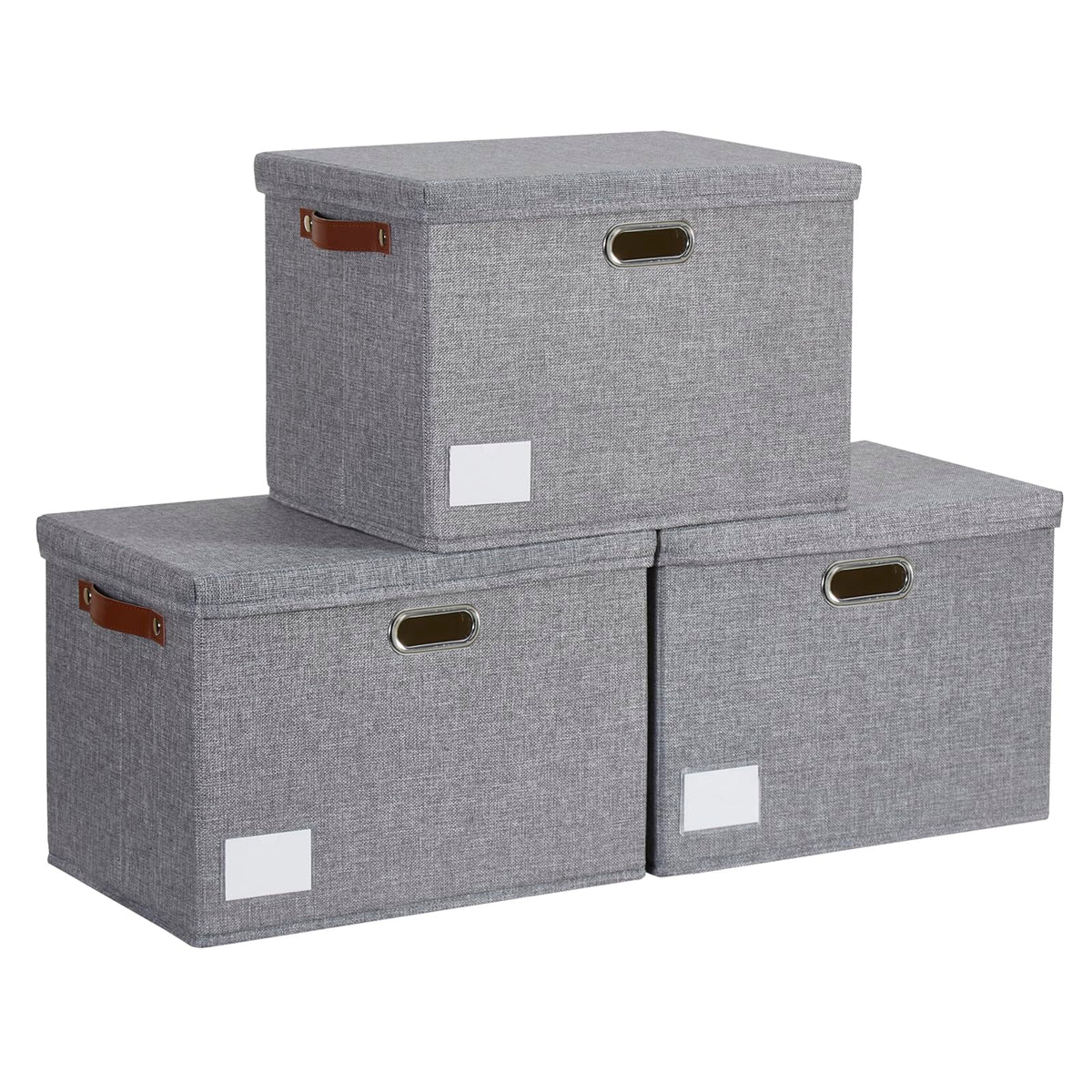 17" Large Fabric Storage Box with Lids, 3-Pack, Gray