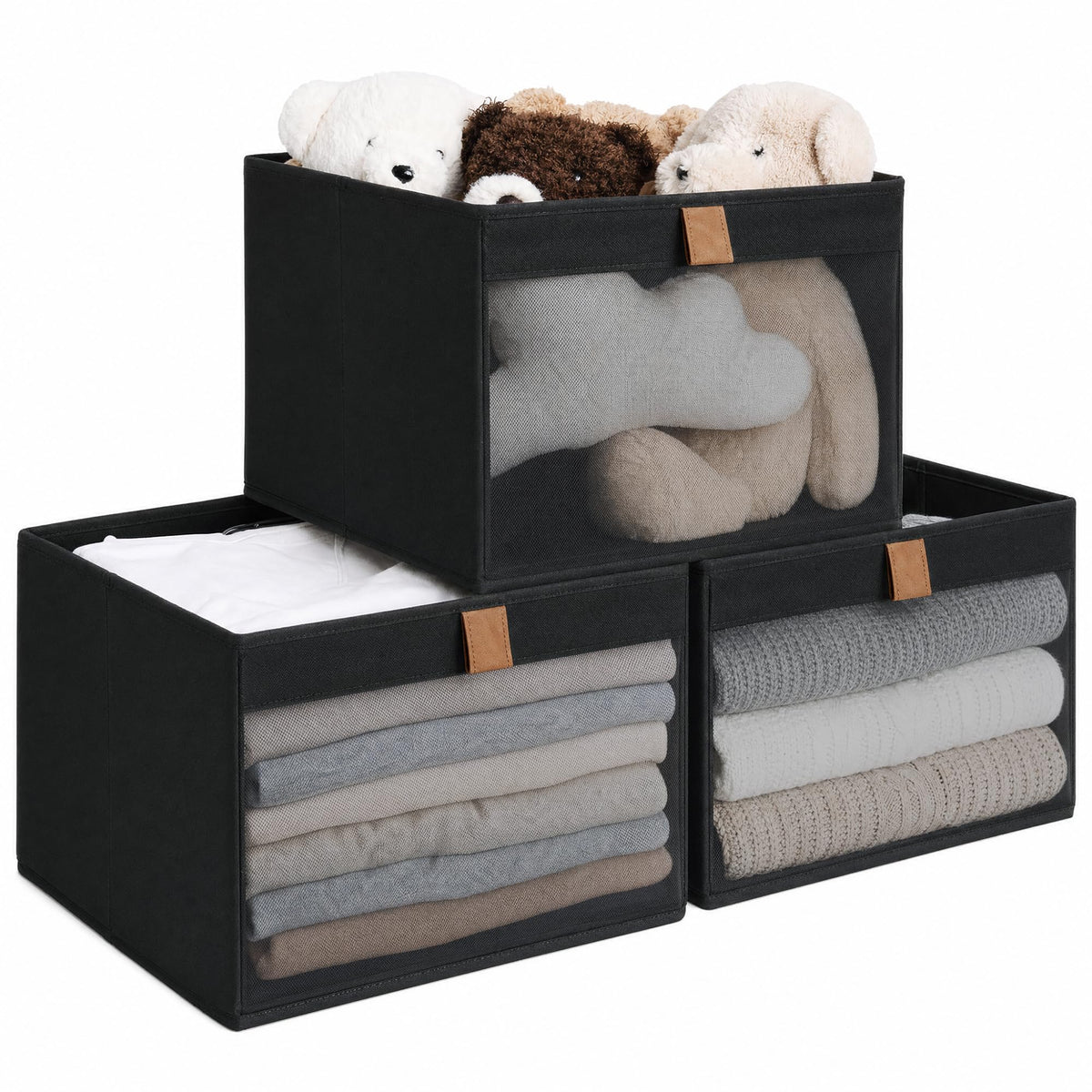 StorageWorks Fabric Storage Bins with Clear Window, Beige, 3-Pack