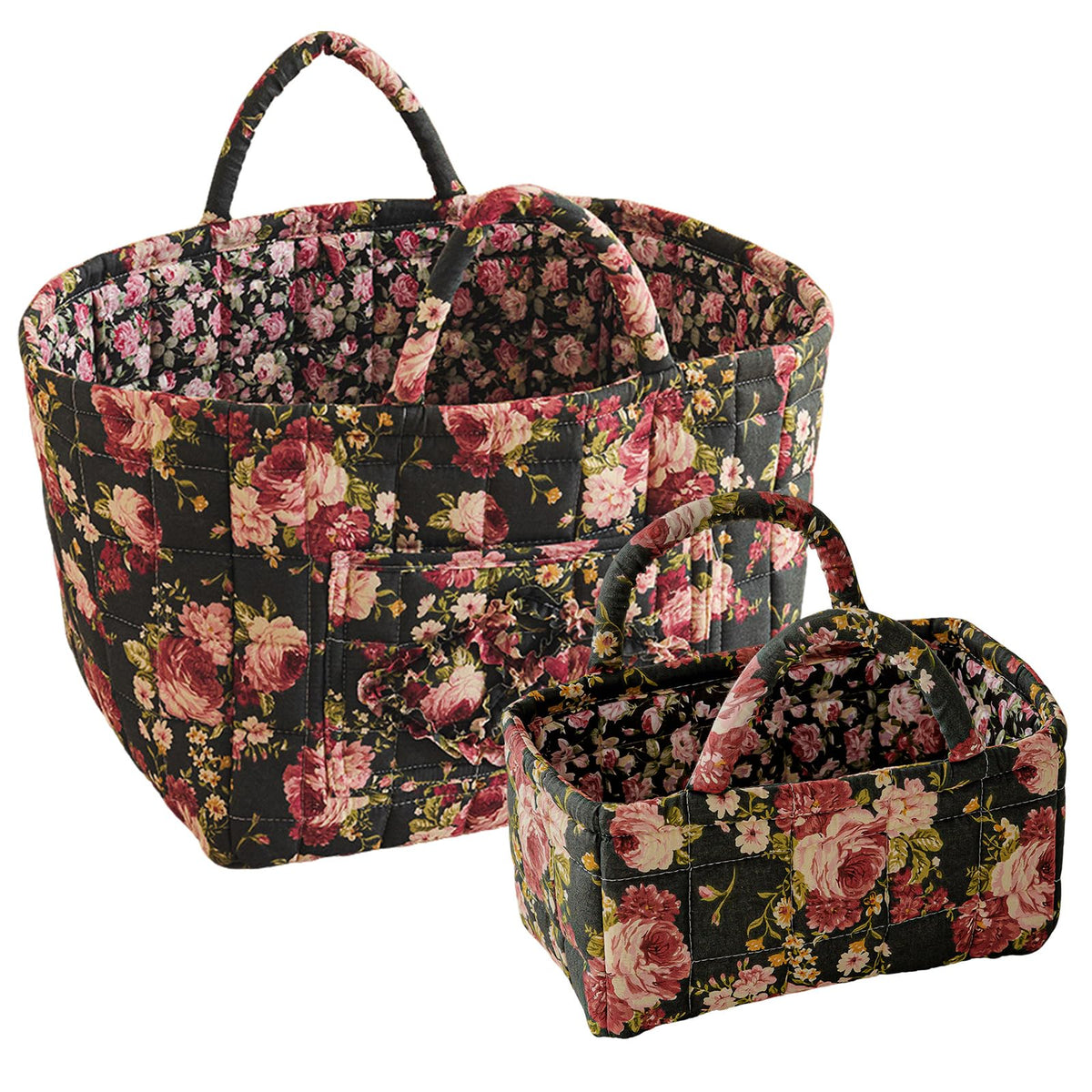 vctops 2 Pack Boho Fabric Quilted Storage Baskets for Organizing, Basket Organizer Gift Basket with Handles, Storage Bins for Toys, Books, Towels, and Clothes, Collapsible Fabric(Floral A)