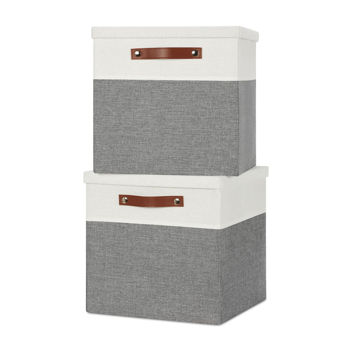 Temary Foldable Storage Bins with Lids, [2-Pack] Large Storage Baskets with Lid, Fabric Storage Bin for Organizing Home (White & Khaki, 15x11x9.5inch)