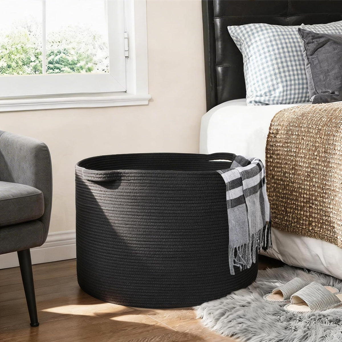 MEGASKET Large Black Blanket Basket, 22" X 22" X 14" Woven Rope Bin for Storage, Kids Dog Toy Storage Box Organizer Bins, Blanket Holder for Living Room, Decorative Wicker Basket for Organizing