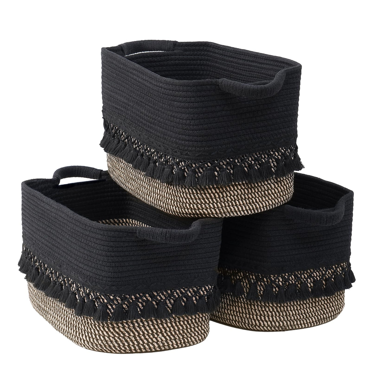 2 Pack Storage Basket for Shelves, Boho Cotton Rope Storage Bins with Heavy Tassel, Shelf Baskets Large Woven Baskets for Organizing, Cube Organizer Bins, Baby Laundry Basket for Clothes, Toys, Pets