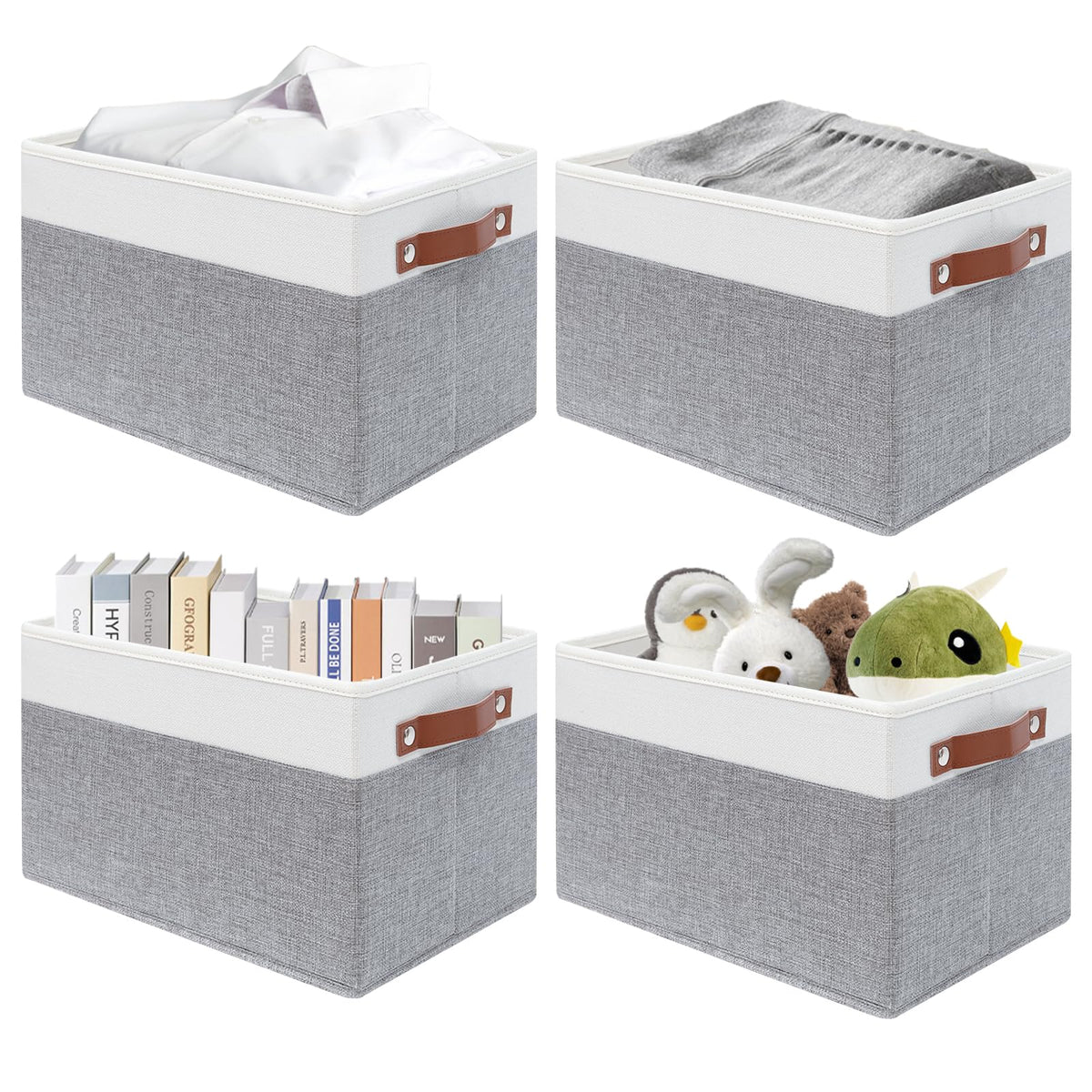 SNWDN 6 Pack Collapsible Fabric Storage Baskets with Handles (White/Beige 15''Lx10.2''Wx9''H)