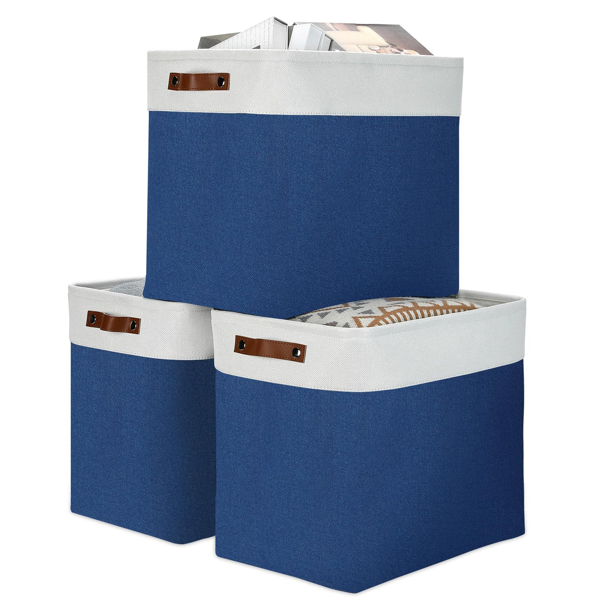 DULLEMELO Fabric Storage Bins for Laundry, Home, Foldable Storage Baskets for Shelves, Toys, Collapsible Storage Bins for Office, Closet,Bedroom(White&Khaki,L-15"x11"x9.5",4-Pack)