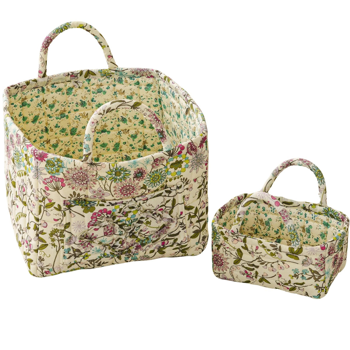 vctops 2 Pack Boho Fabric Quilted Storage Baskets for Organizing, Basket Organizer Gift Basket with Handles, Storage Bins for Toys, Books, Towels, and Clothes, Collapsible Fabric(Floral A)