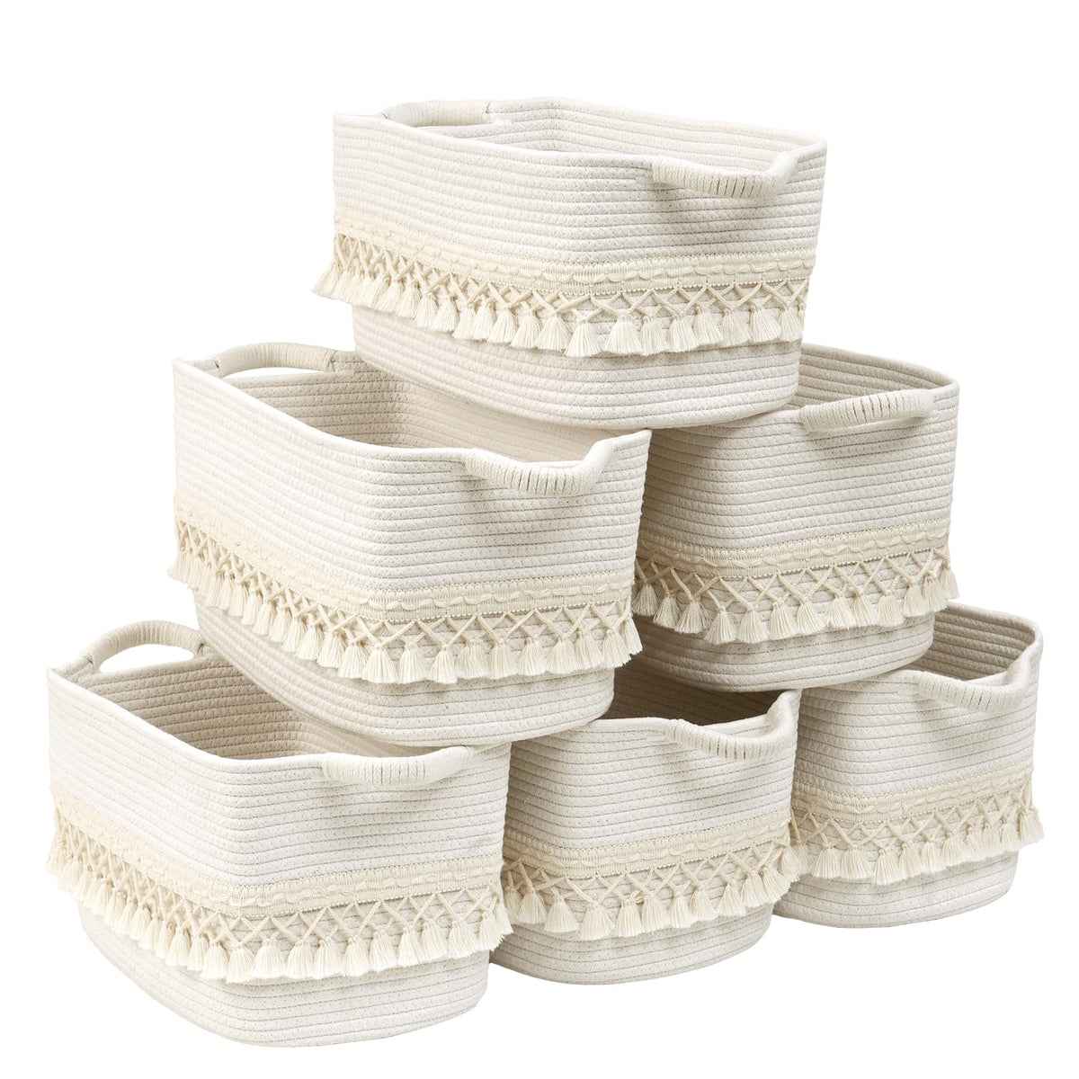 2 Pack Storage Basket for Shelves, Boho Cotton Rope Storage Bins with Heavy Tassel, Shelf Baskets Large Woven Baskets for Organizing, Cube Organizer Bins, Baby Laundry Basket for Clothes, Toys, Pets