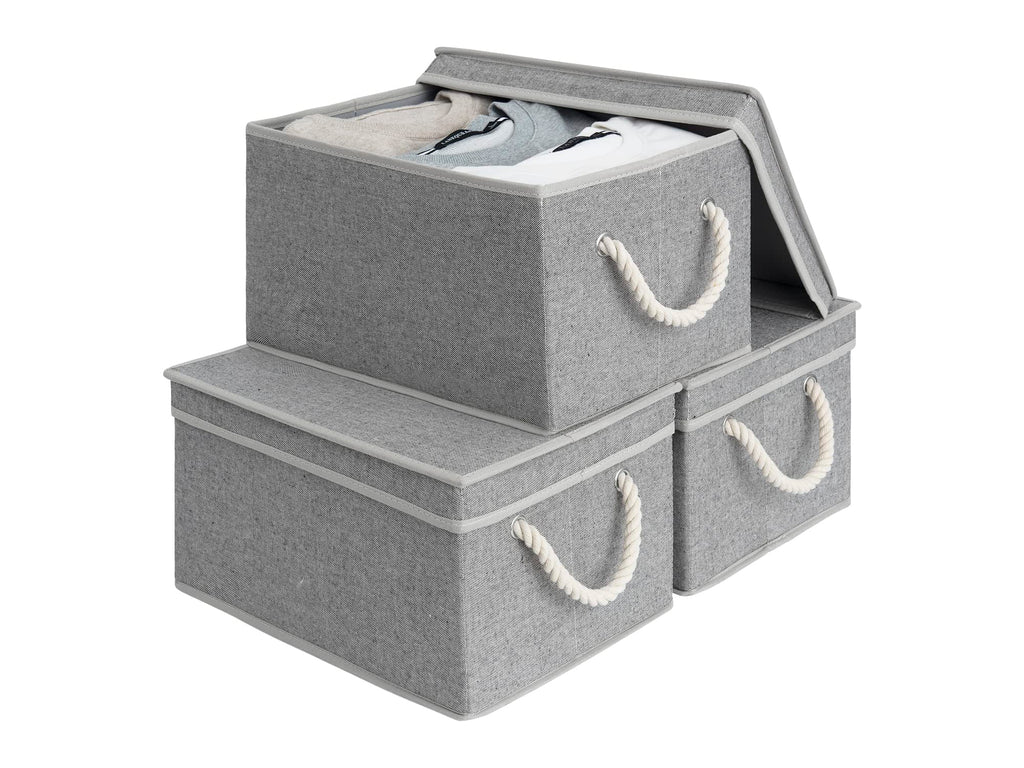 StorageWorks Storage Bins with Lids, Fabric Boxes for Closet, Slub White