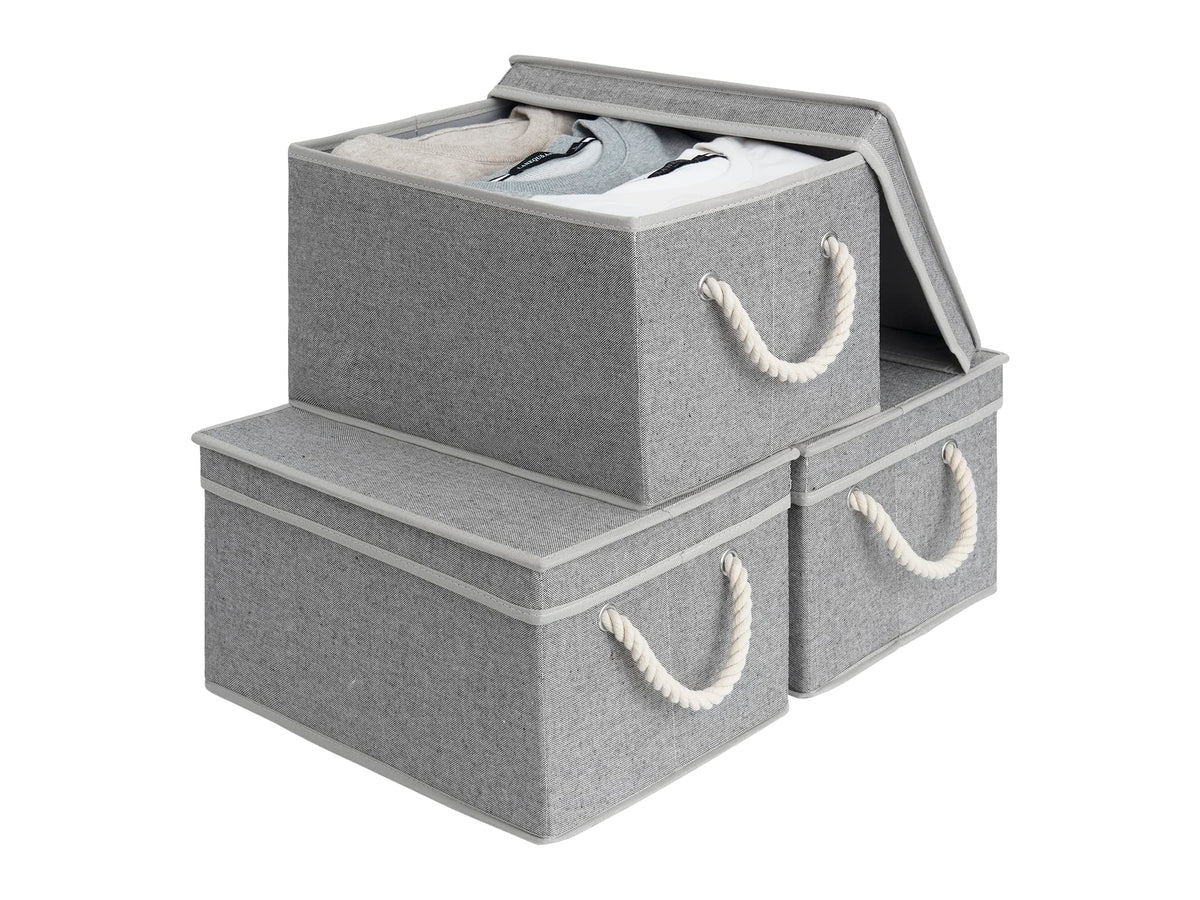 StorageWorks Storage Bins with Lids, Fabric Boxes for Closet, Slub White