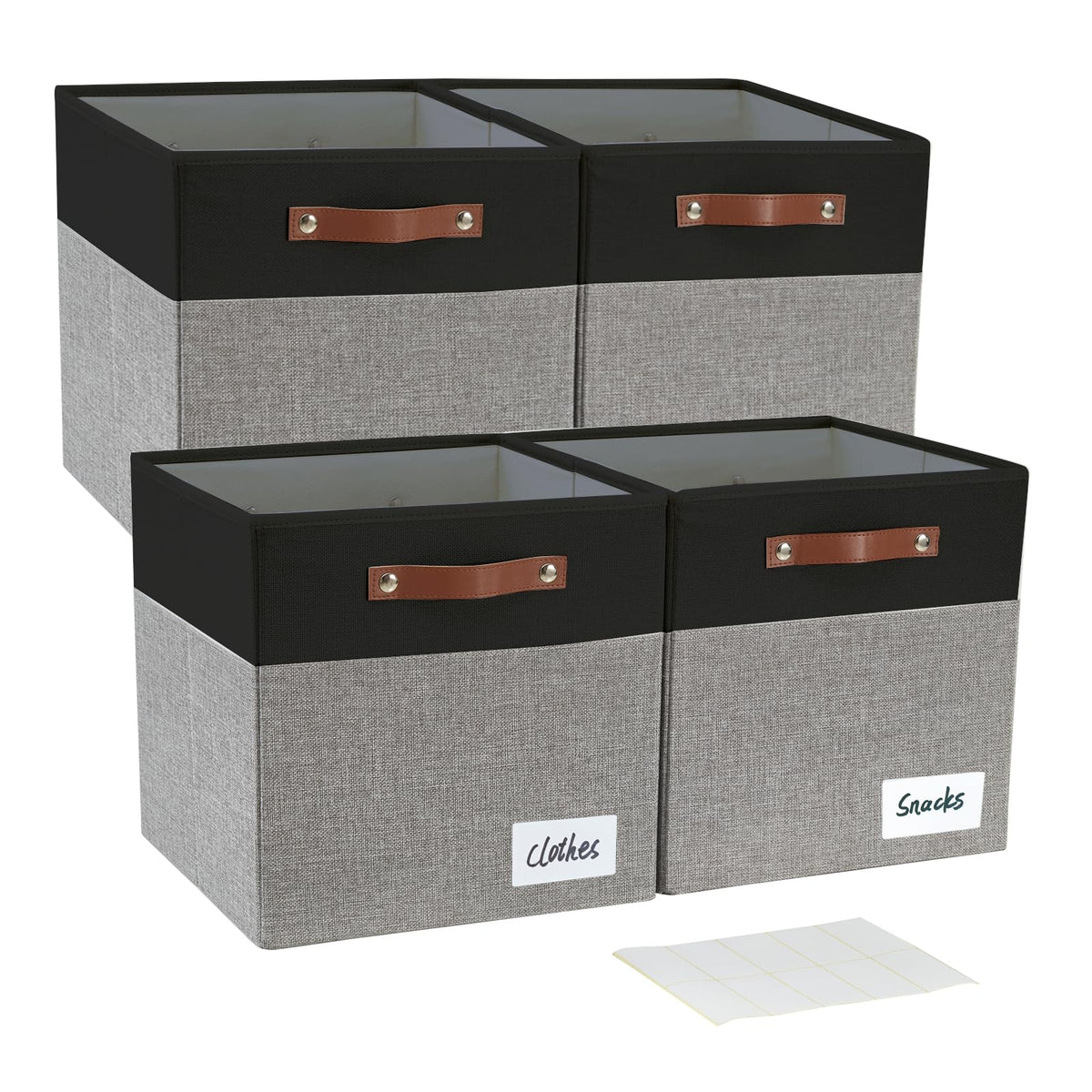 Bagnizer Collapsible Fabric Storage Cube Bins with 2 Reinforced PU Handles, Foldable Storage Organizer Baskets for Closet, Shelves, Living Room | 13"x13"x13", 4 Pack, Gray & White