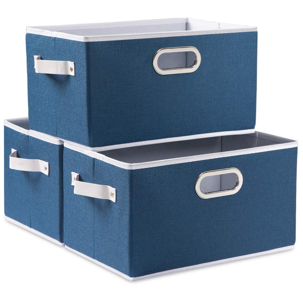 PRANDOM Large Foldable Storage Bins for Shelves [3-pack] Decorative Linen Fabric Storage Baskets Cubes with Leather/Metal Handles for Closet Nursery Office Grey and Black Trim (14.9x9.8x8.3 Inch)