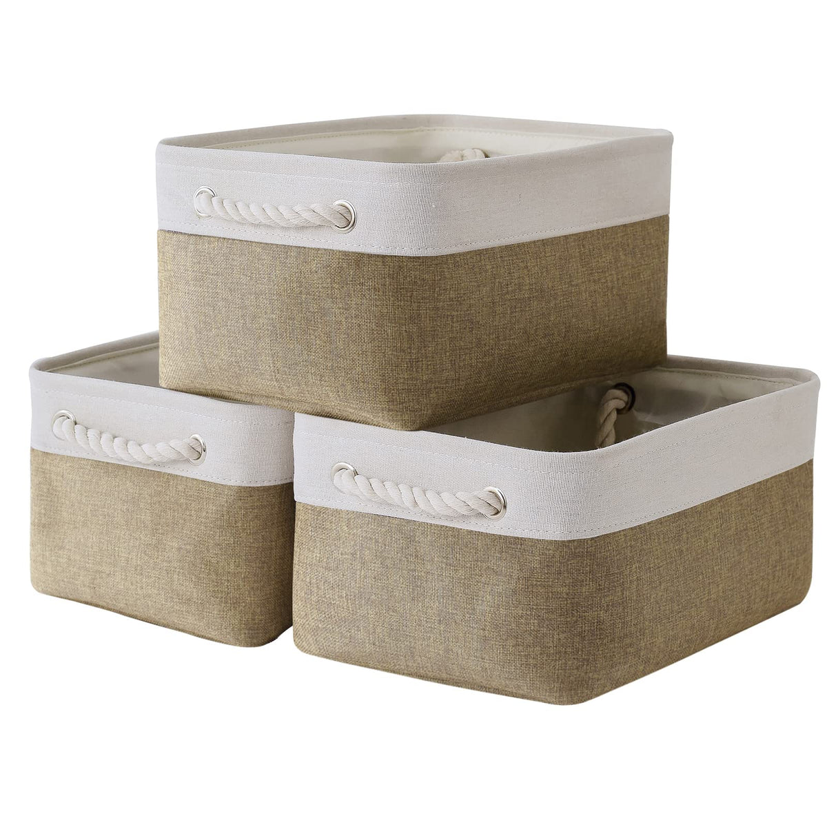 TheWarmHome Storage Basket for Organizing - Medium 3 Pack 14x10x7 inch Fabric Storage Cubes for Shelves with Rope, Collapsible Storage Bin for Organizer Closet Cloth Gift Toy (White & Jean Blue)