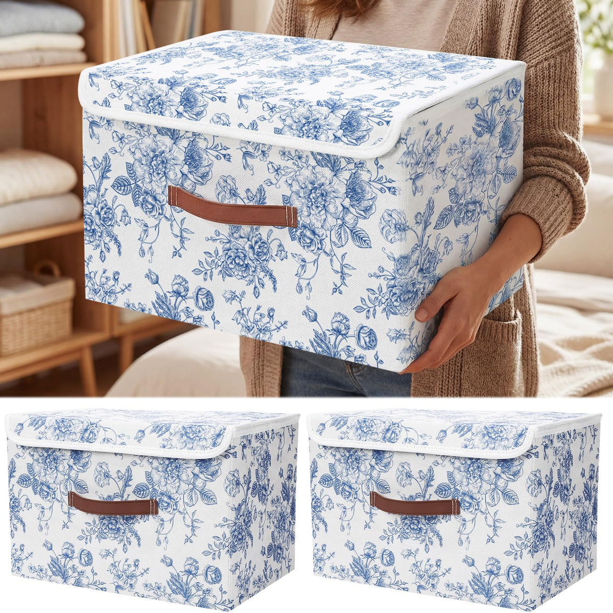 2 Pack Sage Green Floral Storage Bin with Lids, 15x10x10 Inch