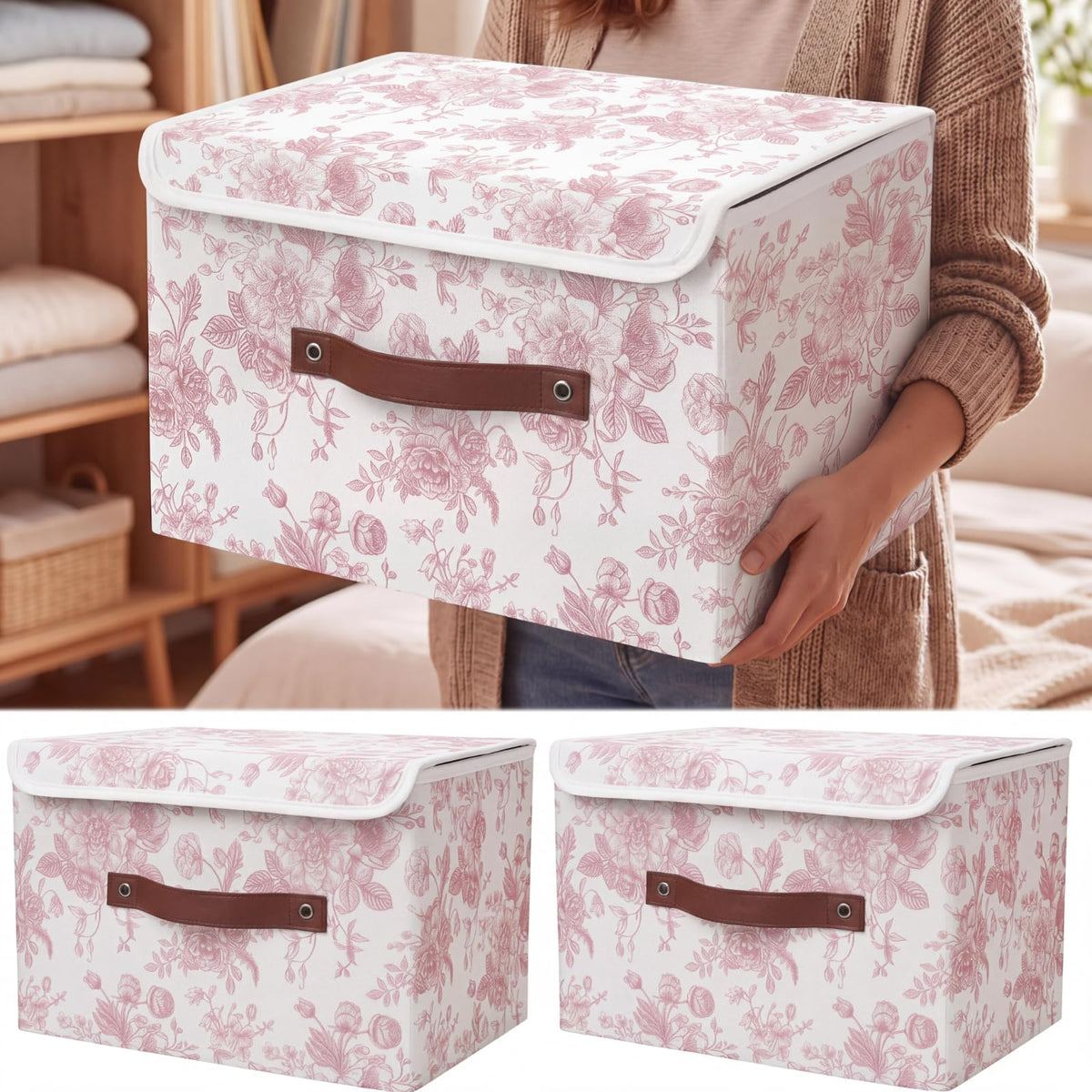 2 Pack Sage Green Floral Storage Bin with Lids, 15x10x10 Inch