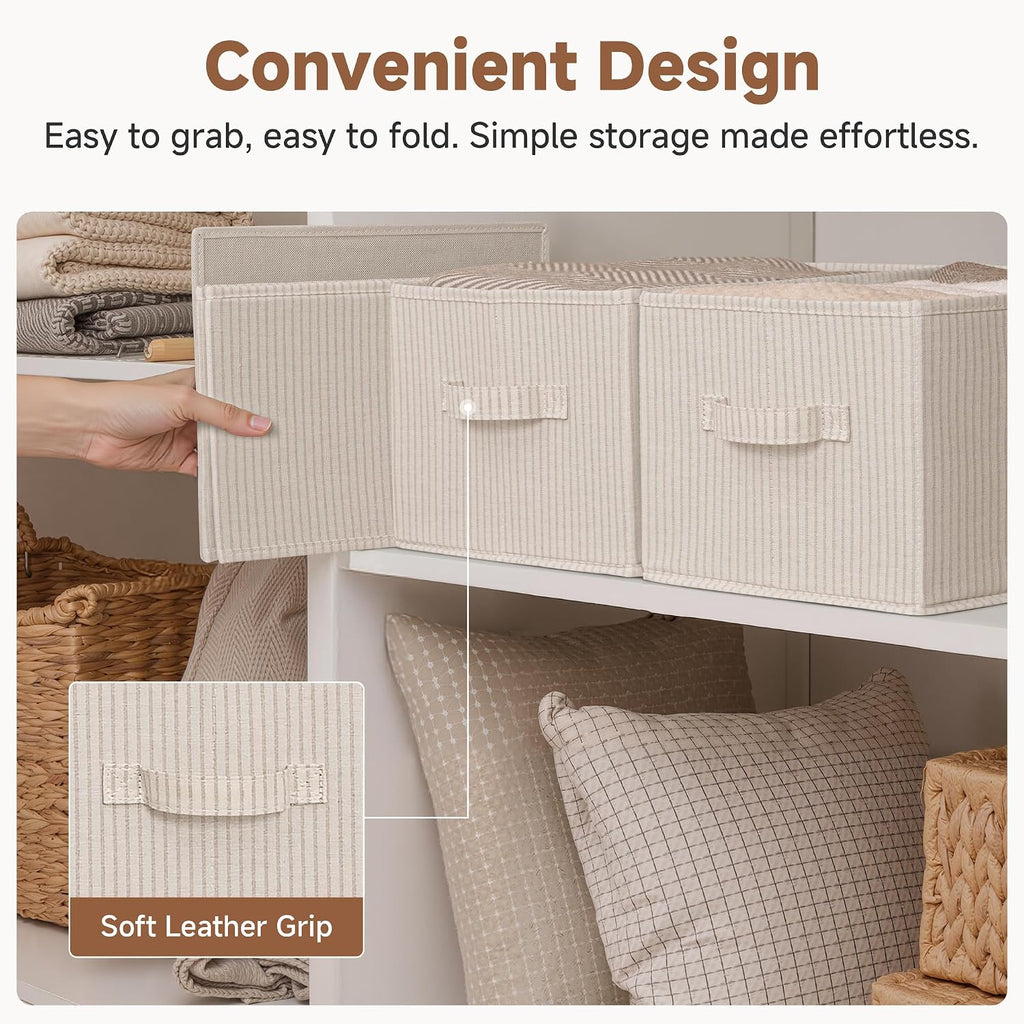 StorageWorks Shelf Organizer Bins, Beige Stripes, 3-Pack, Large