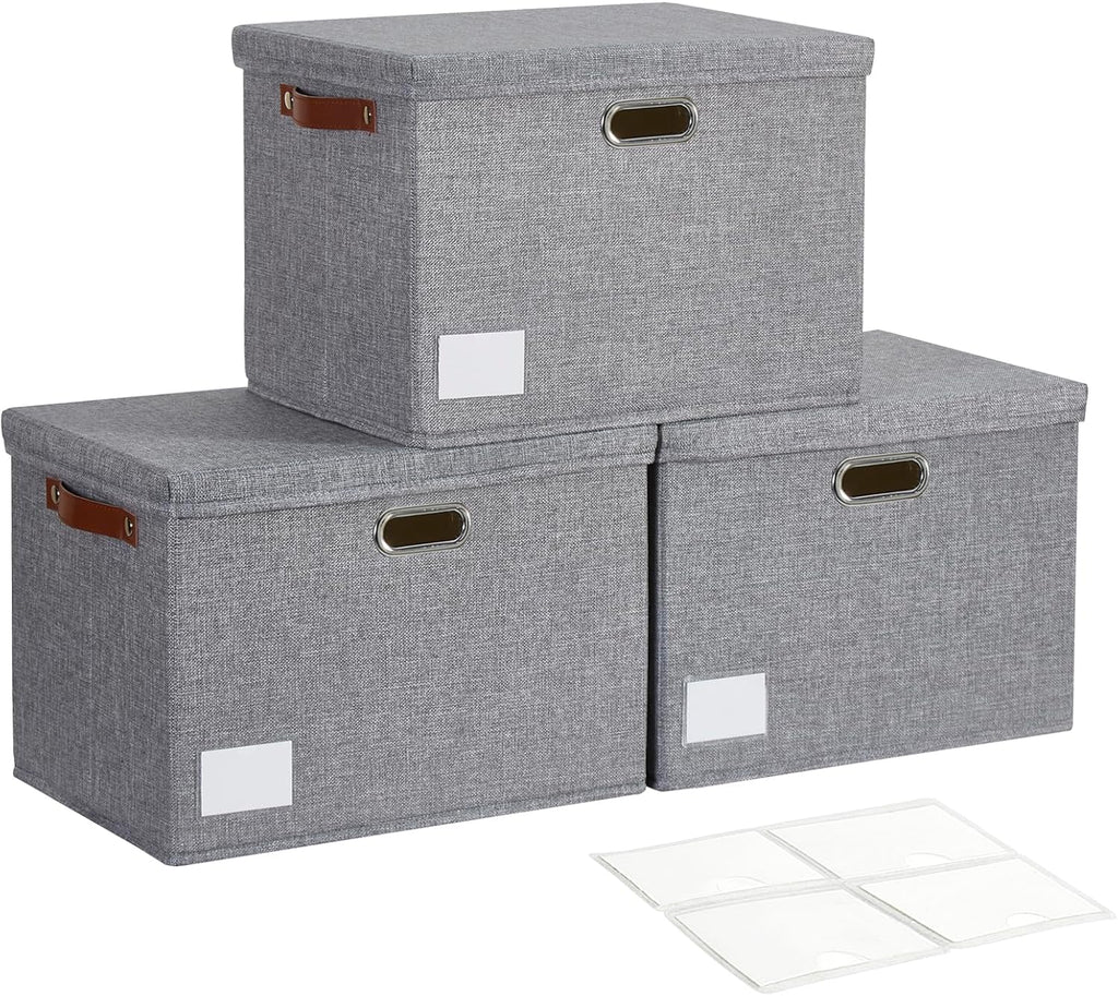 17" Large Fabric Storage Box with Lids, 3-Pack, Gray