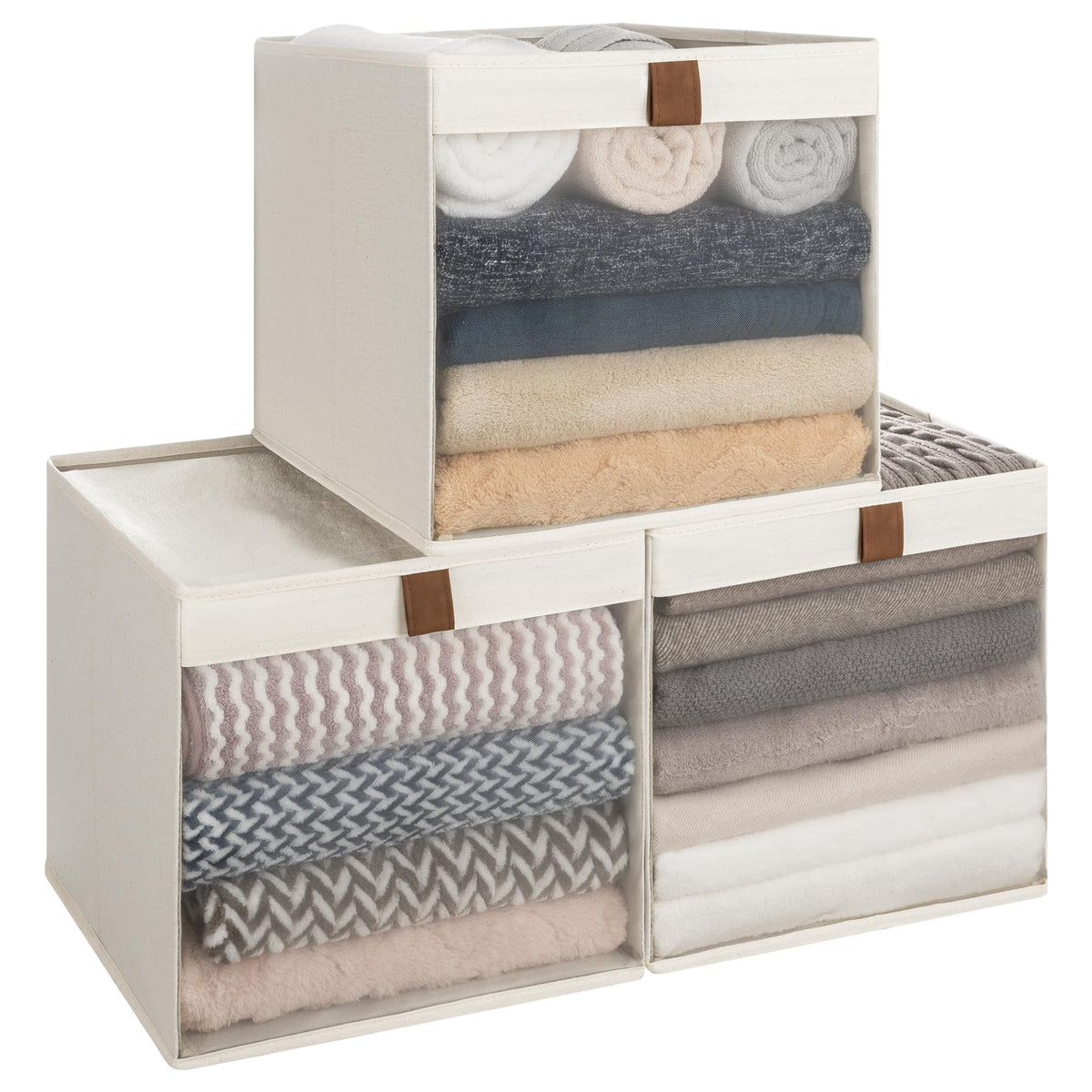 StorageWorks Fabric Storage Bins with Clear Window, Beige, 3-Pack