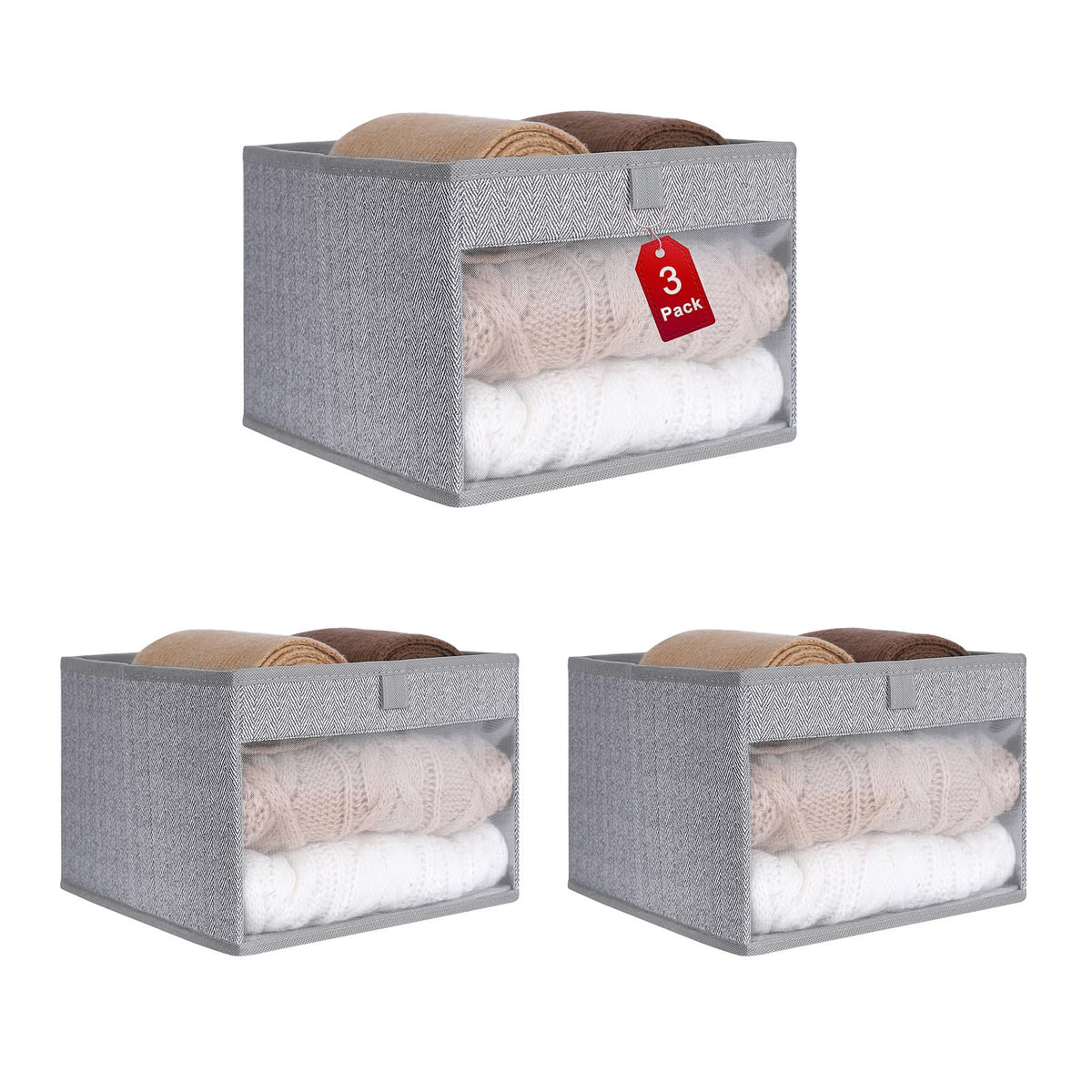WUIKE Closet Storage Bins with Clear Window, Beige, Large, 3-Pack