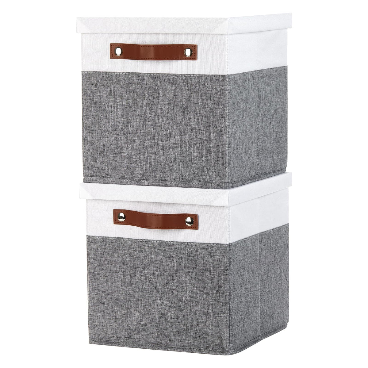 Temary Foldable Storage Bins with Lids, [2-Pack] Large Storage Baskets with Lid, Fabric Storage Bin for Organizing Home (White & Khaki, 15x11x9.5inch)