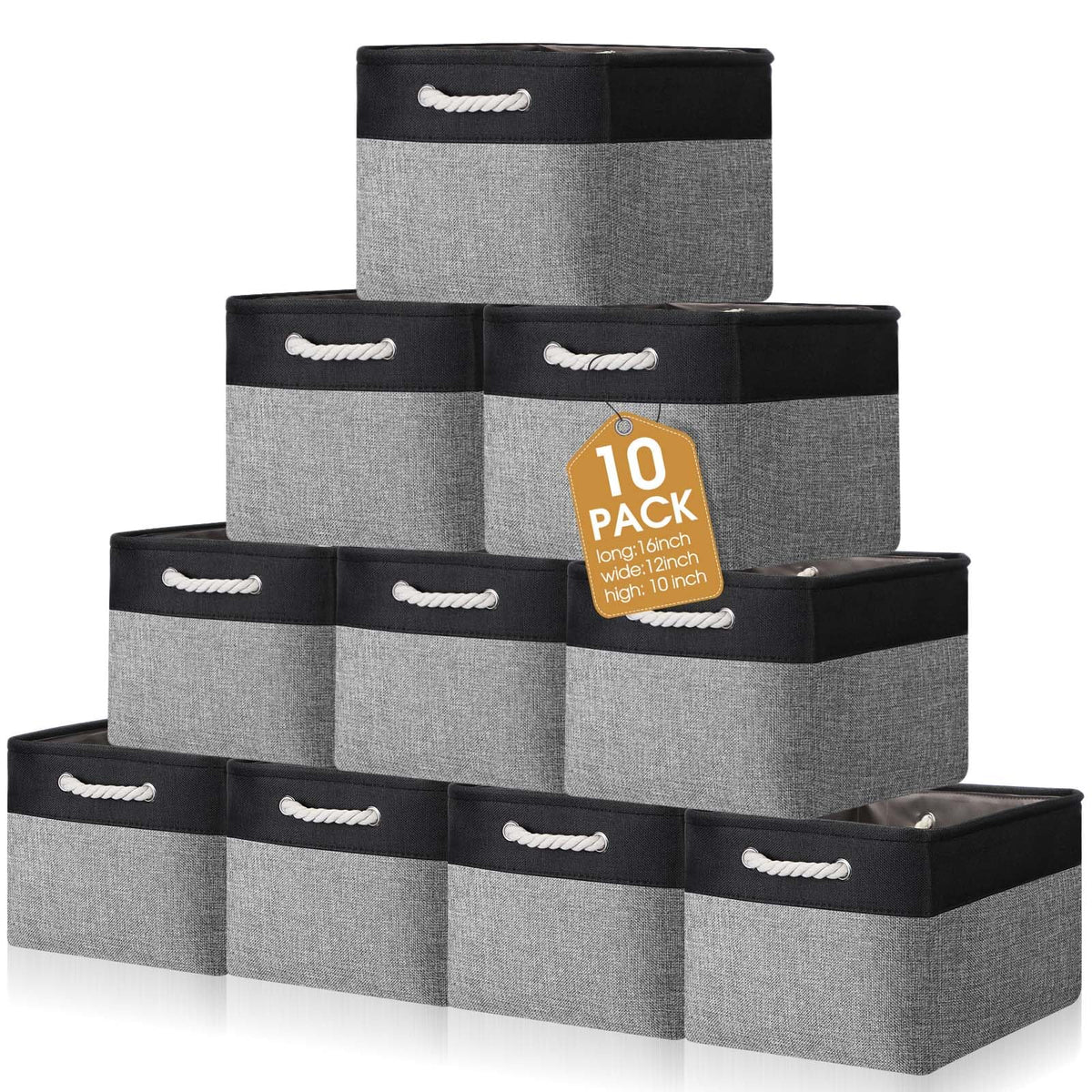 FoldTier 10 Pack Large Collapsible Fabric Storage Baskets with Handles Decorative Storage Bins for Organizing Shelves Toys Clothes(White & Beige,16 x 12 x 10 Inches)