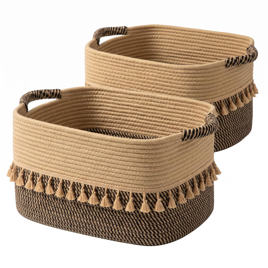 TeoKJ Woven Storage Bin Set of 3, Cotton Rope Basket for Storage, Clothes Boho Basket Bin for Organizing, Fabric Basket for Books, Plants, Pet Treats, White & Jute