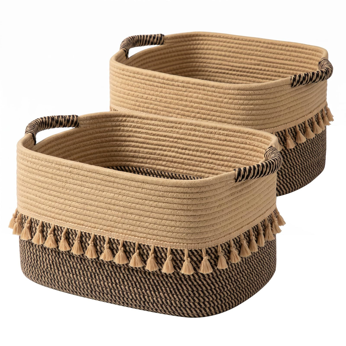 TeoKJ Woven Storage Bin Set of 3, Cotton Rope Basket for Storage, Clothes Boho Basket Bin for Organizing, Fabric Basket for Books, Plants, Pet Treats, White & Jute