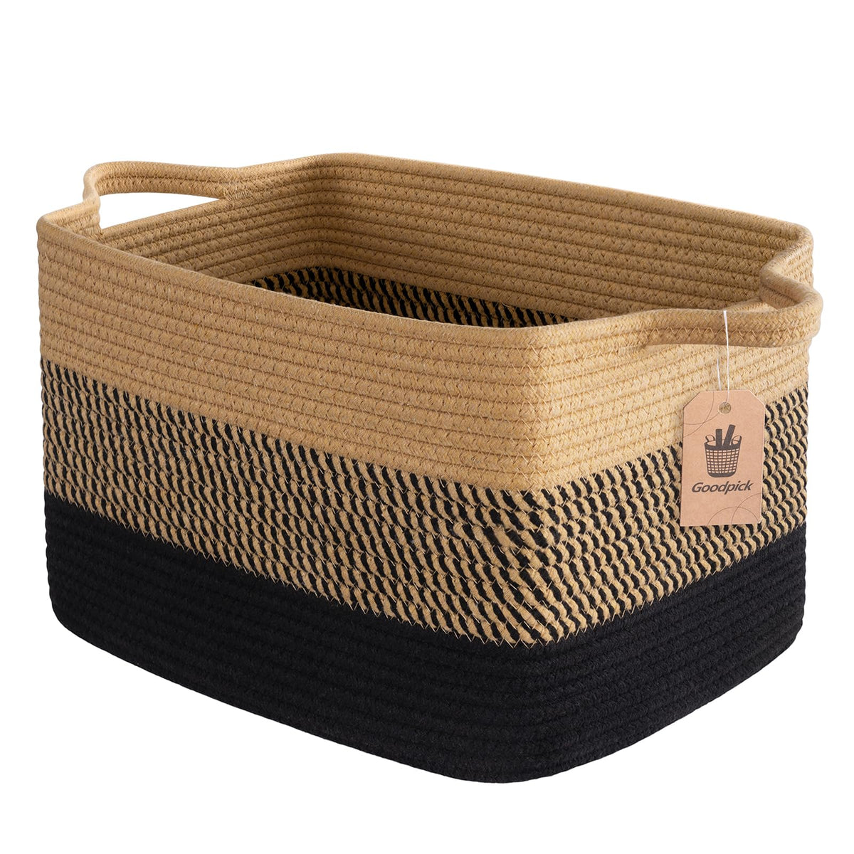 Goodpick Woven Storage Basket for Shelves, 13" x 10" x 9", Black Jute