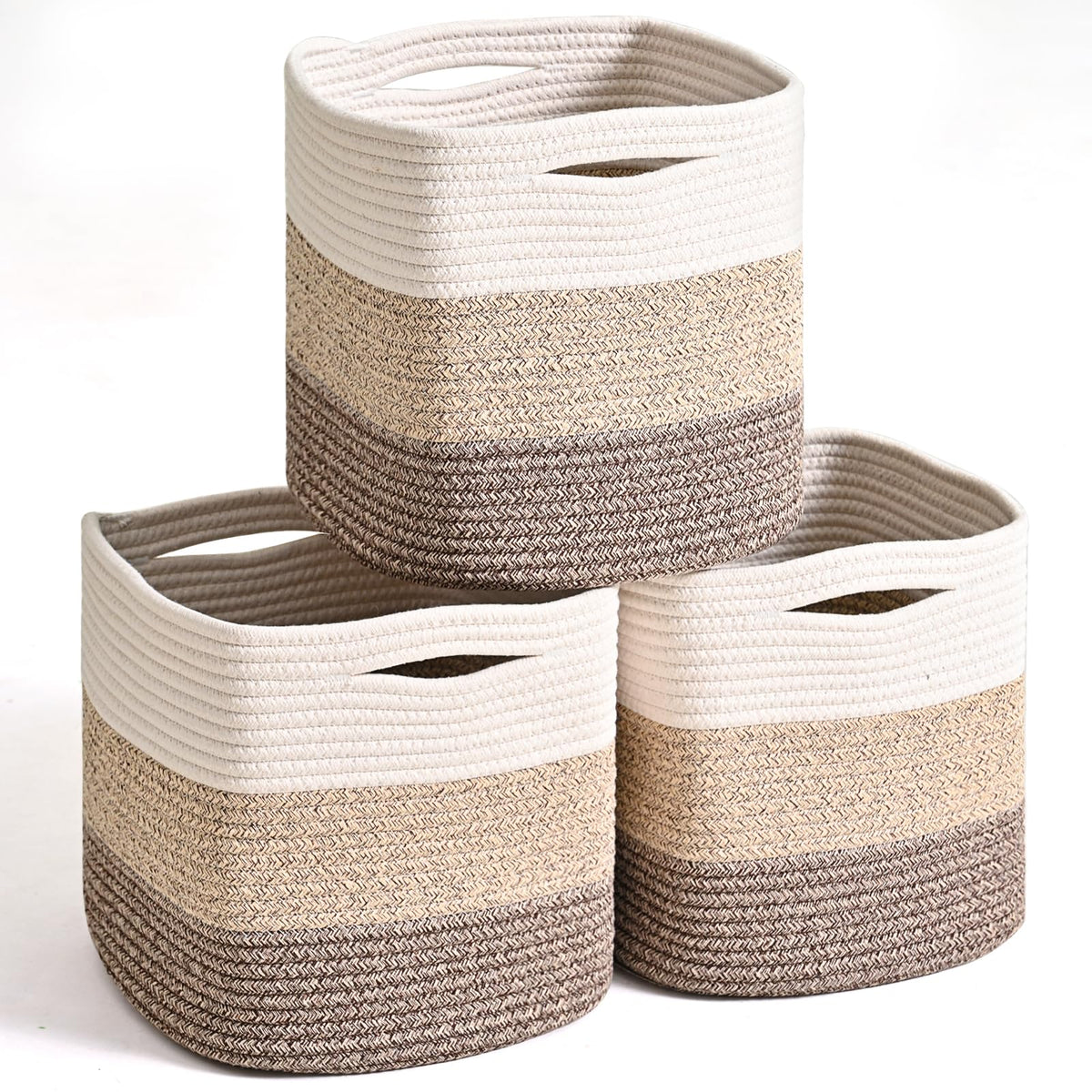 ICERZCZ 11 Inch Cube Storage Bins, Woven Baskets, Mixed Brown, Pack of 3