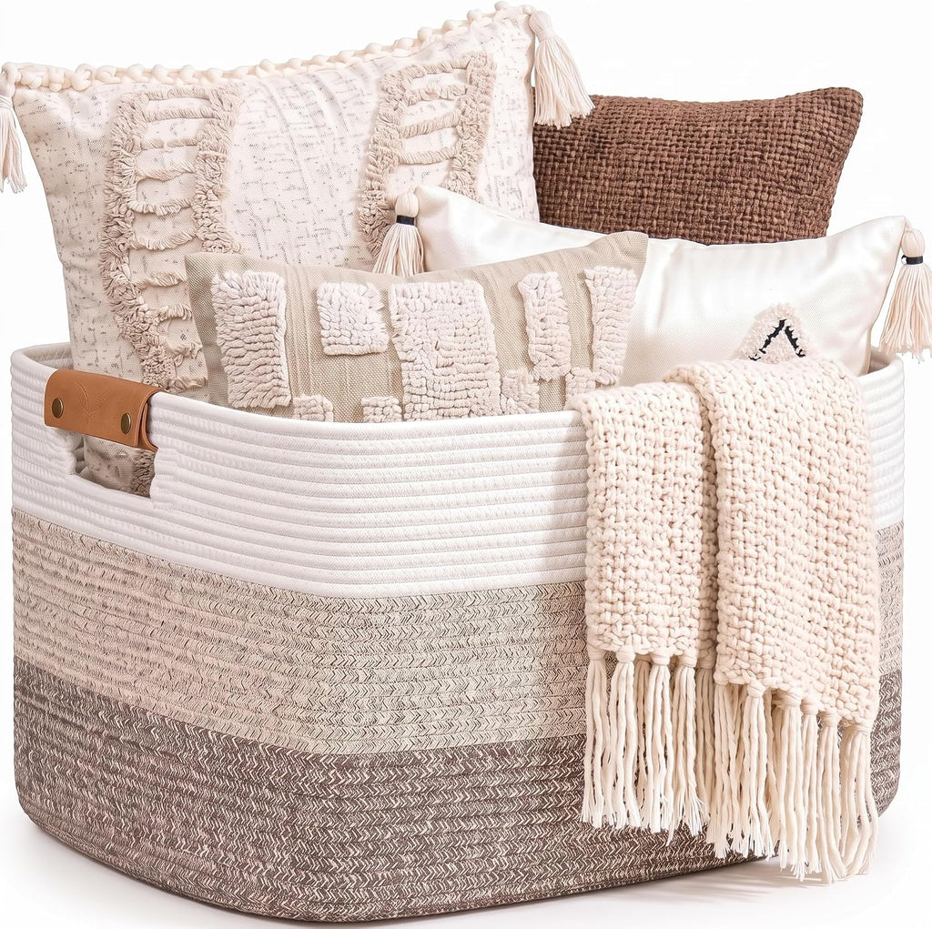 danpinera Blanket Basket, 72L Woven Storage basket with Leather Handle, Eco-friendly Decorative Storage Organization in Bathroom & Living Room for Towels 22 ''*17 ''*11.8 '', Gradient Brown