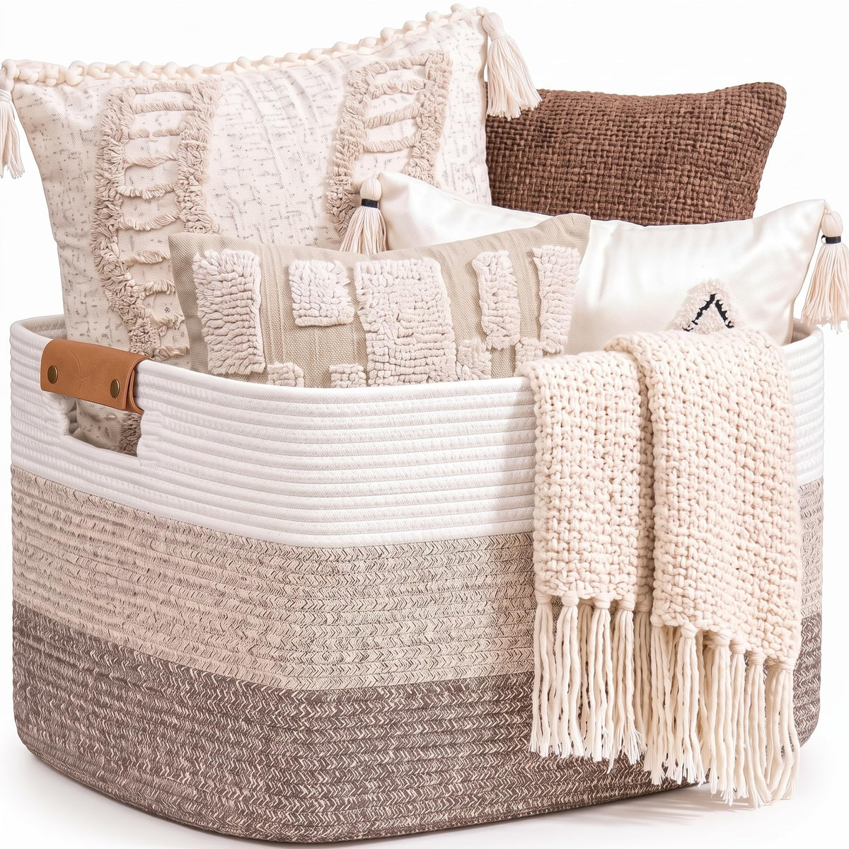 danpinera Blanket Basket, 72L Woven Storage basket with Leather Handle, Eco-friendly Decorative Storage Organization in Bathroom & Living Room for Towels 22 ''*17 ''*11.8 '', Gradient Brown