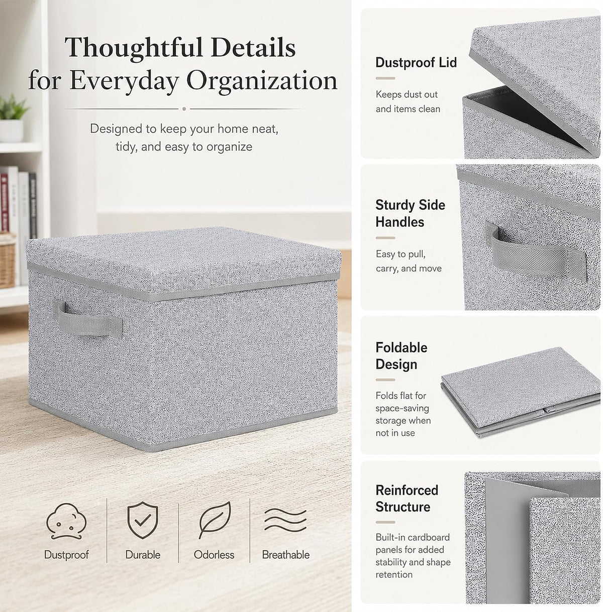 WUIKE Storage Bins with Lids, Decorative Boxes, Ash Gray, Large, 3-Pack