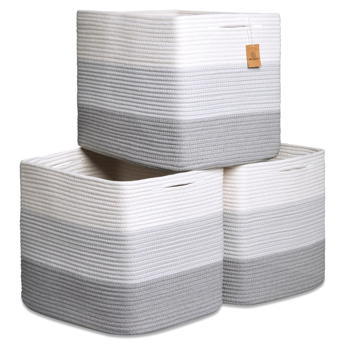 NaturalCozy 13x15x13 Kallax Storage Cubes Bins, 3 Pack | Cotton Rope Cube Storage Bin Woven Baskets for Organizing | Kallax Insert Storage Baskets for Shelves Organizer, Kids Toy, Closet Baby Nursery