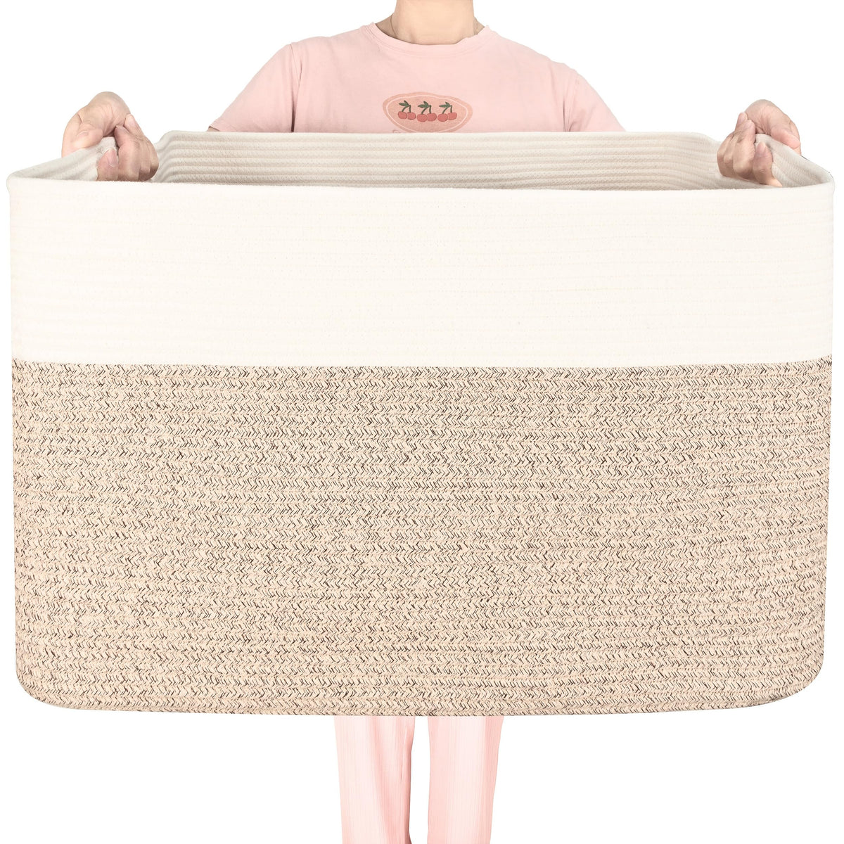 MINTWOOD Design 112L Extra Large Blanket Basket Holder Living Room, 25"x17"x16" Rectangle Rope Woven Storage Basket with Handles for Laundry, Towels, Shoes, Dog Toy Organizer Bin Box, Oatmeal Brown