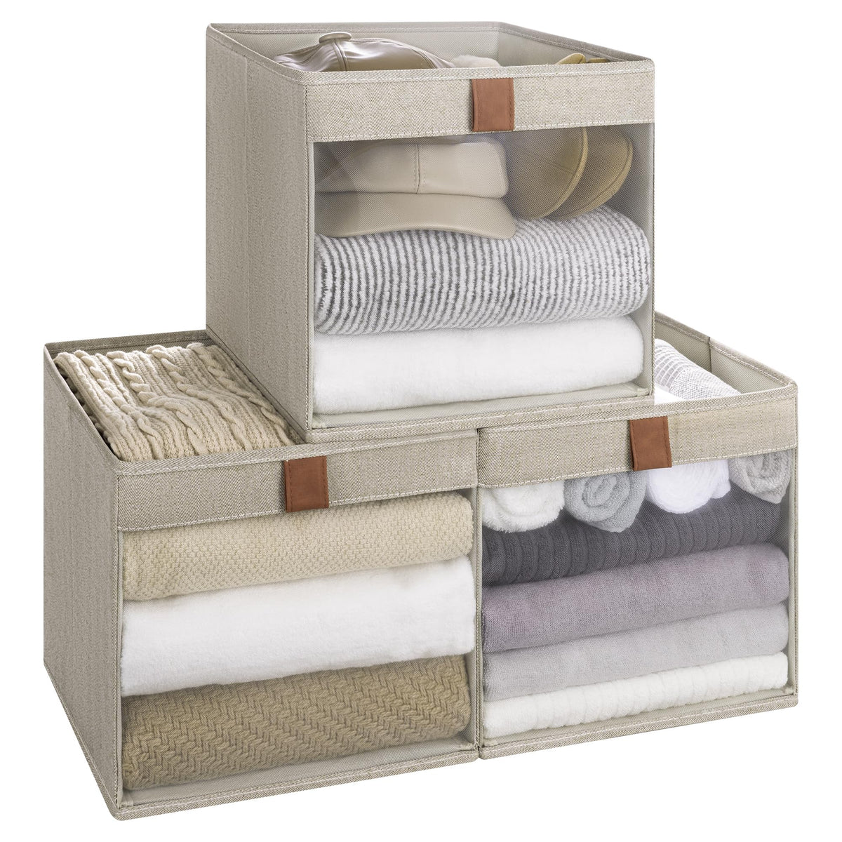 StorageWorks Fabric Storage Bins with Clear Window, Beige, 3-Pack