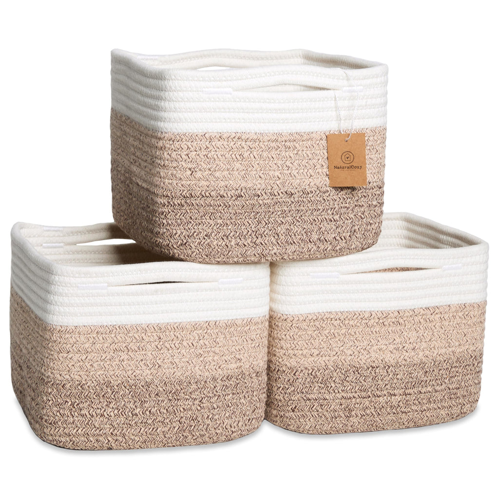 NaturalCozy Storage Cubes 9”x9”x7”Cotton Rope Woven Baskets for Organizing 3-Pack | 9 Inch Cube Storage Bin | Small Basket for Shelf Nursery, Pantry, Decorative Plant, Bathroom Closet, Toy Gift