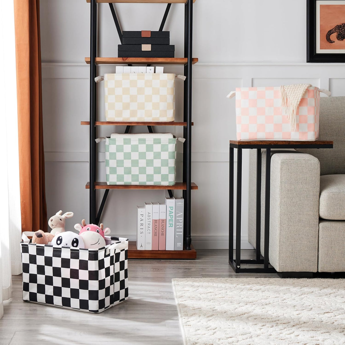 Ohocut Sage Green Checkered Canvas Basket, Rectangular Organizing Decorative Storage Basket for Kids, Dog Toy, Cute Aesthetic Checkered Room Decor for Home, Kitchen, Bedroom, Classroom, Shelves