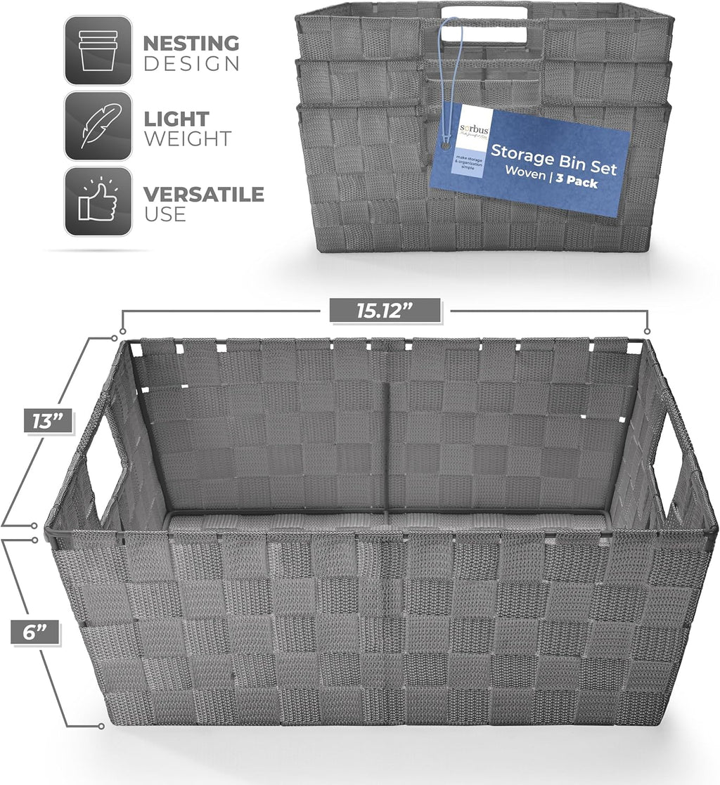 Sorbus Baskets for Organizing, Woven Storage Set (Set of 3, Gray)