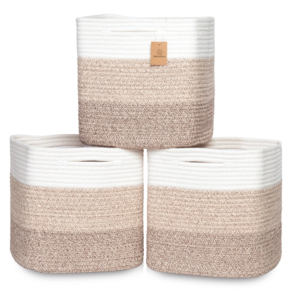 NaturalCozy 13x15x13 Kallax Storage Cubes Bins, 3 Pack | Cotton Rope Cube Storage Bin Woven Baskets for Organizing | Kallax Insert Storage Baskets for Shelves Organizer, Kids Toy, Closet Baby Nursery