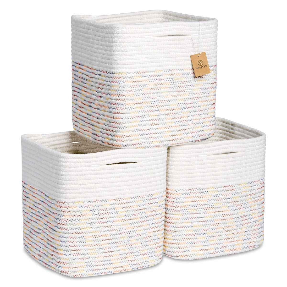 NaturalCozy Storage Cubes 11 Inch Cotton Rope Woven Baskets for Organizing, 3-Pack | Cube Bin Square Shelves Organizer, Classroom, Kids Toy Bins, Closet, Baby Nursery