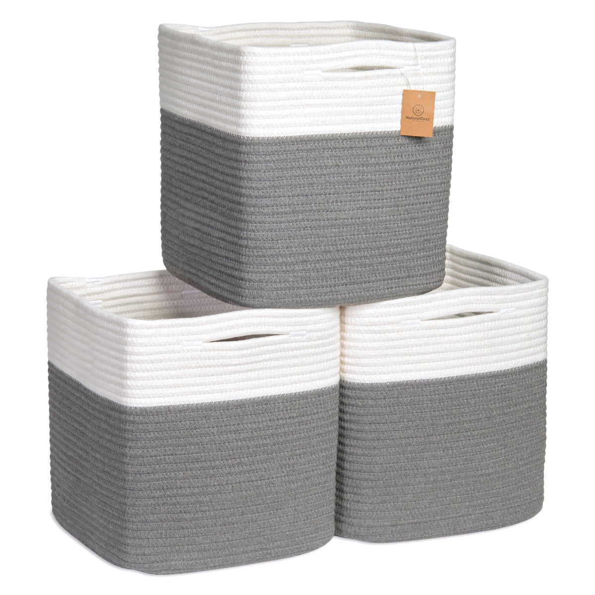NaturalCozy Storage Cubes 11 Inch Cotton Rope Woven Baskets for Organizing, 3-Pack | Cube Bin Square Shelves Organizer, Classroom, Kids Toy Bins, Closet, Baby Nursery